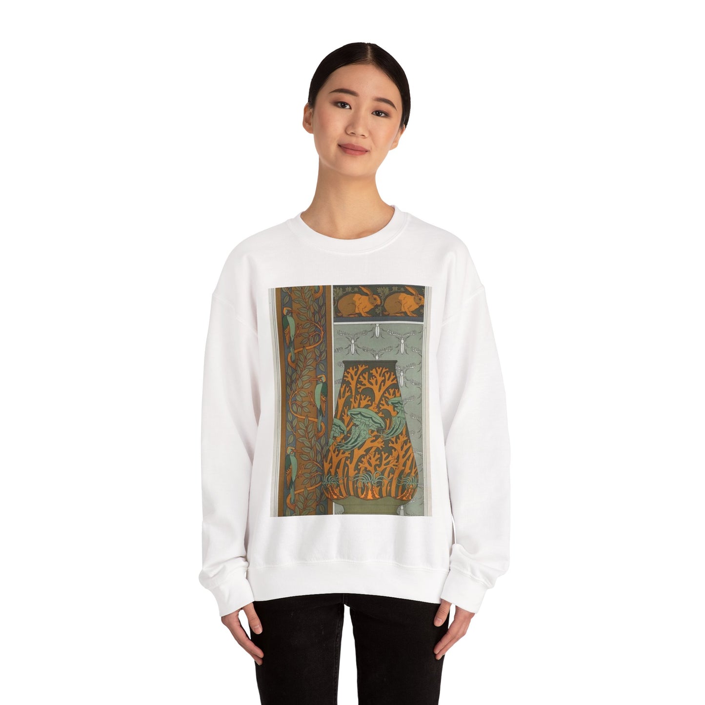 Piverts et arbre, bordure verticale. Lapins et feuilles, bordure. Méduses, anémones de mer et algues, vase. Insectes, jeu de fond. White Heavy Blend Adult Crew Neck SweatShirt