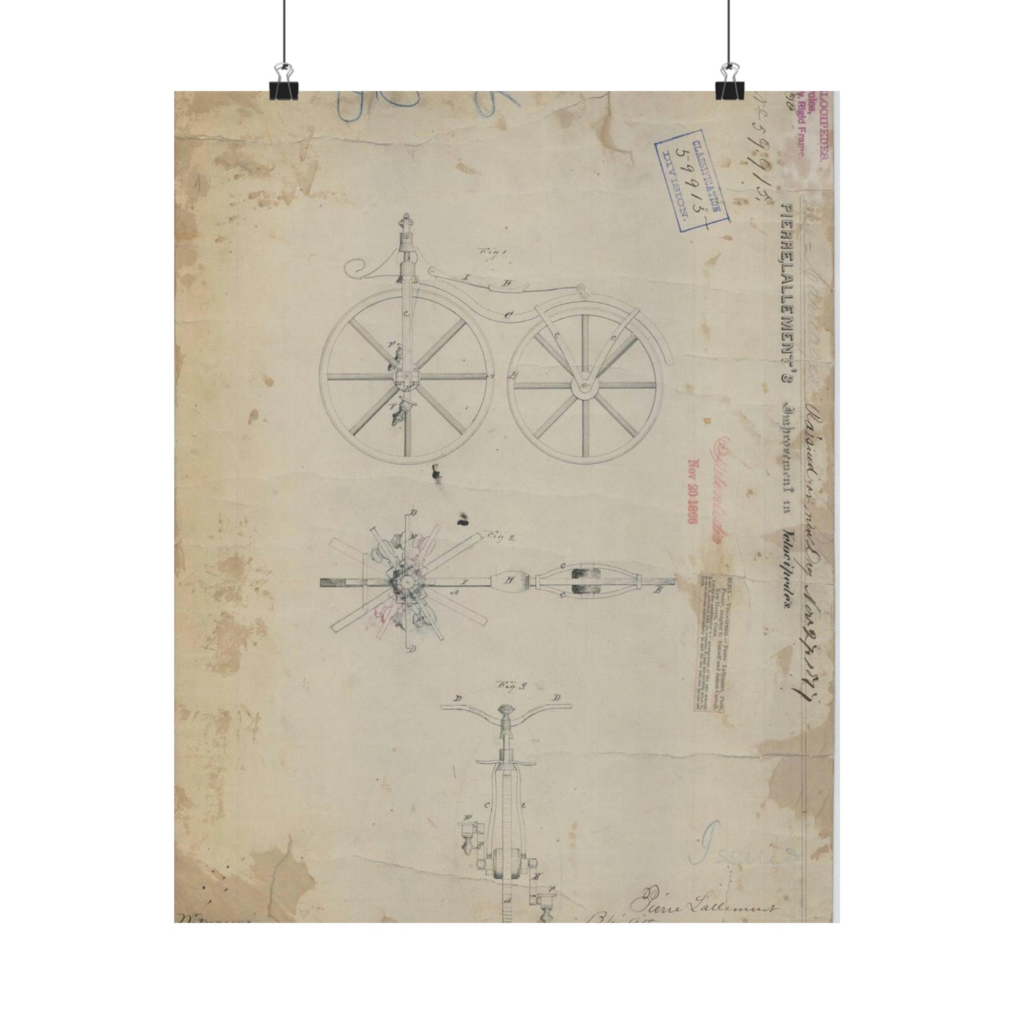 Patent drawing - for Pierre Lallement's Improvement in Velocipedes Public domain image High Quality Matte Wall Art Poster for Home, Office, Classroom