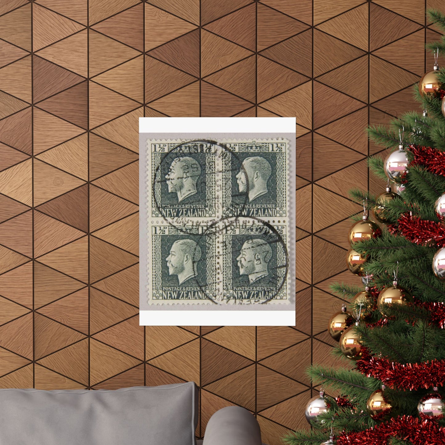 Block of one and a half penny 'King George V' definitive stamps in grey slate High Quality Matte Wall Art Poster for Home, Office, Classroom
