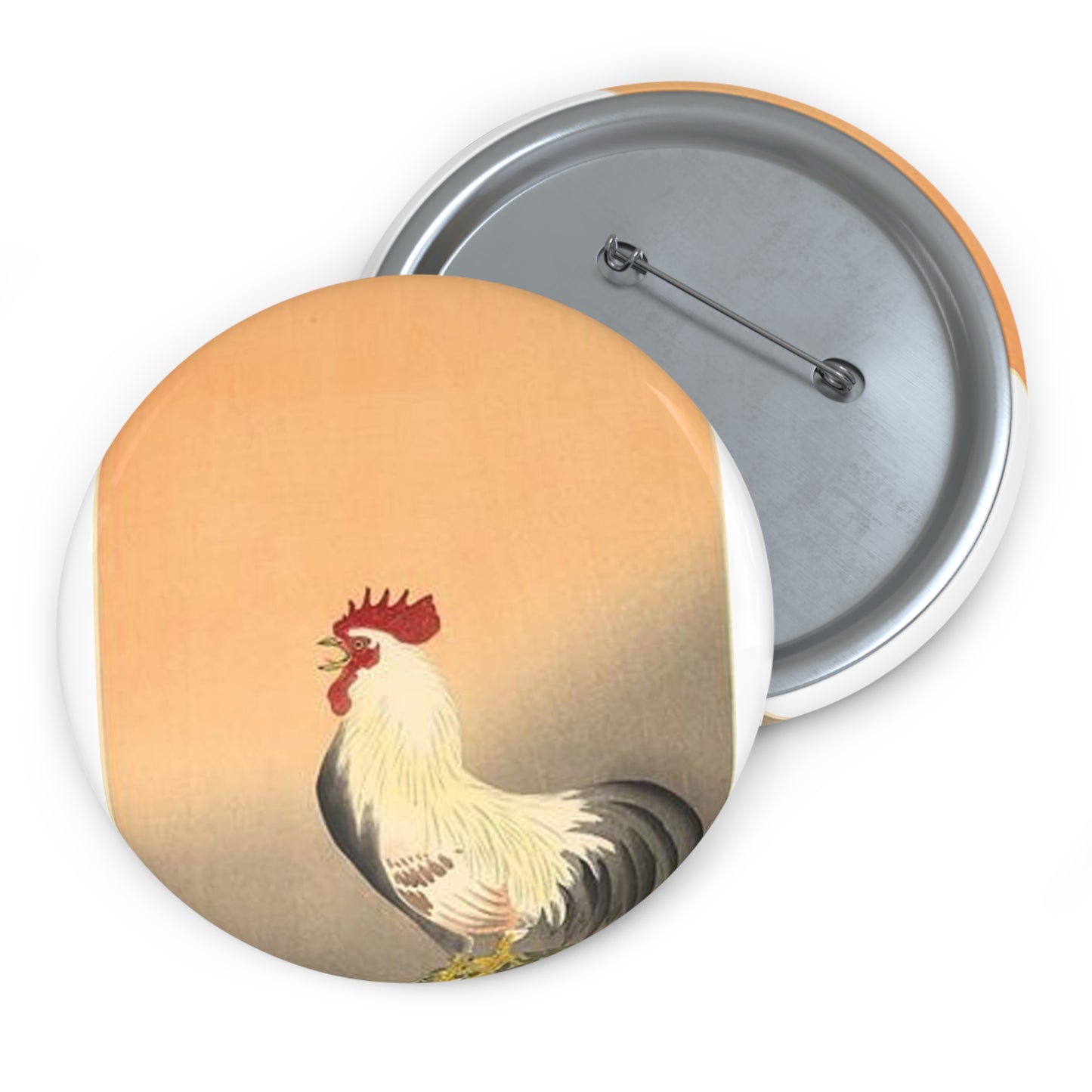 Koson - rooster-and-hen-at-sunrise, Ohara Koson Pin Buttons with Crisp Design
