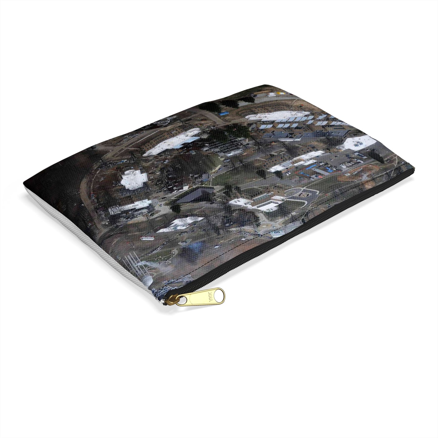 An aerial view of the Muscatatuck Urban Training Center Large Organizer Pouch with Black Zipper