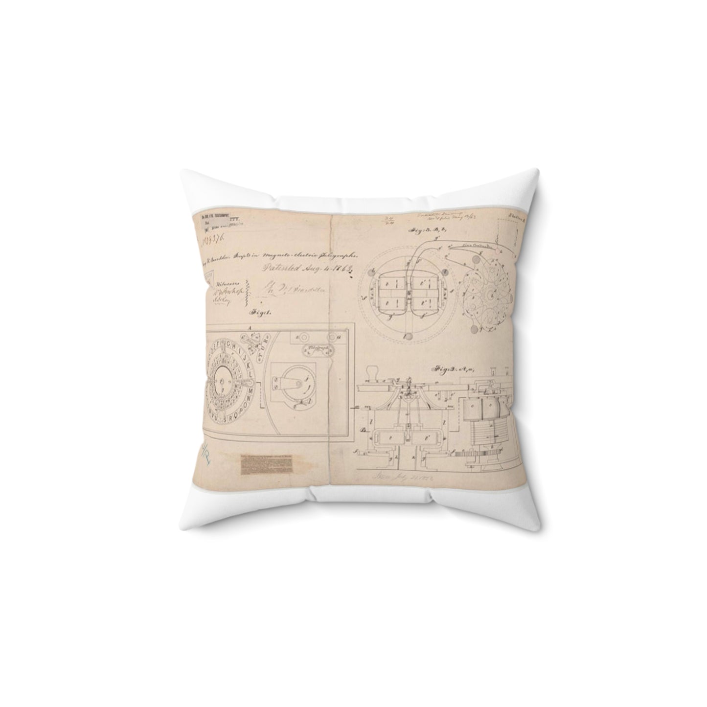 Patent drawing - Drawing of Improvements in Magneto-electric Telegraphs Public domain image Decorative Accent Square Pillow