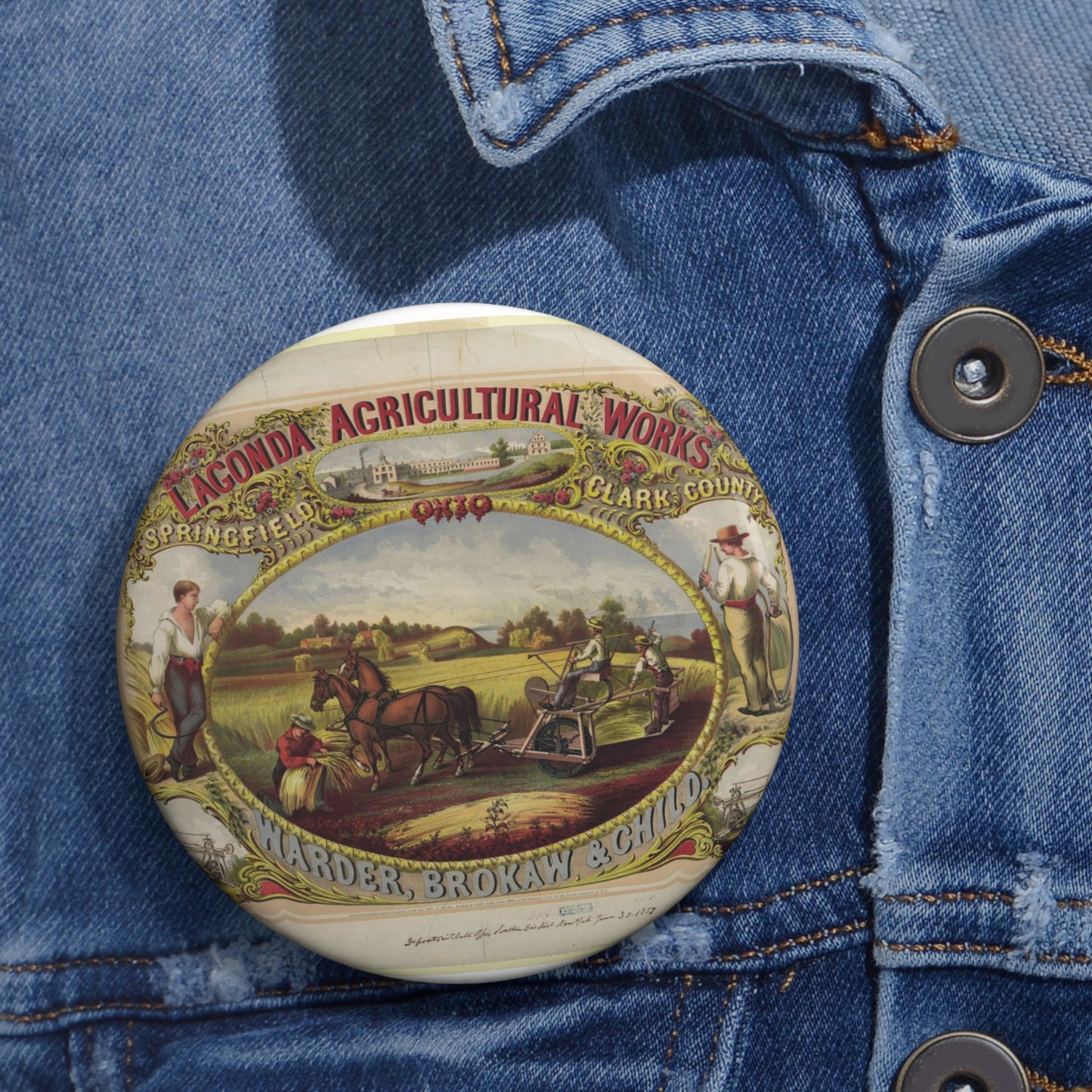 Lagonda Agricultural Works, Springfield, Clark County, Ohio, Warder, Brokaw & Child / E. Forbes, del. ; lith. of G.W. Lewis, N.Y. Pin Buttons with Crisp Design