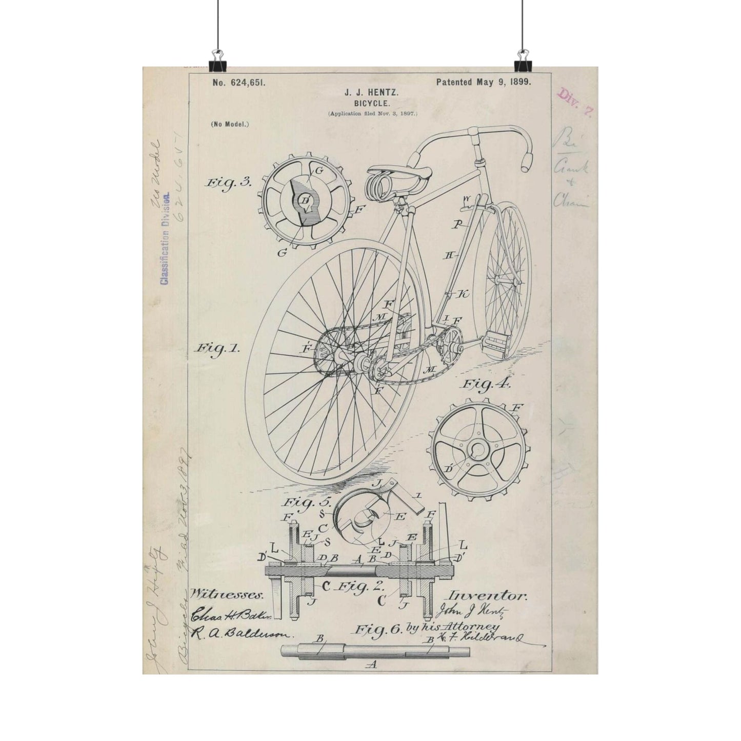 Patent drawing - for J. J. Hentz' Bicycle Public domain image High Quality Matte Wall Art Poster for Home, Office, Classroom