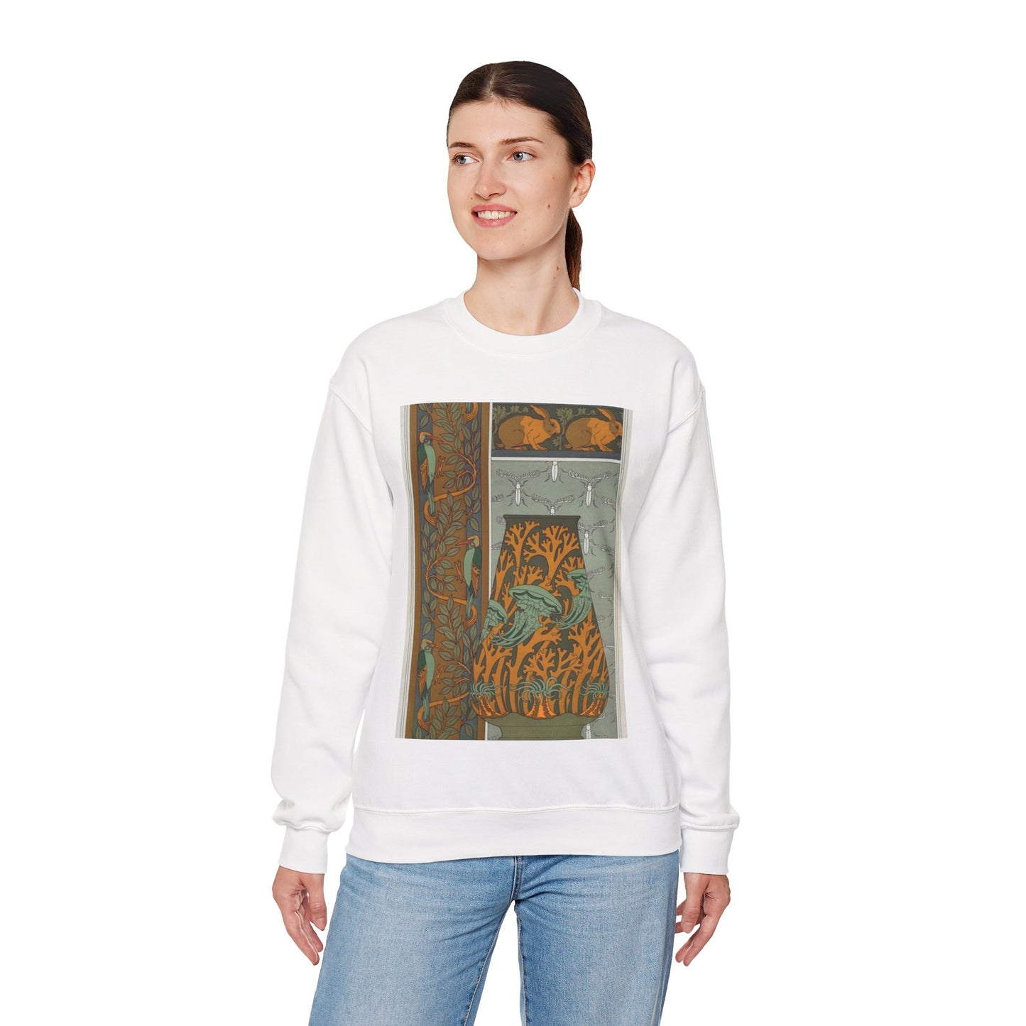 Piverts et arbre, bordure verticale. Lapins et feuilles, bordure. Méduses, anémones de mer et algues, vase. Insectes, jeu de fond. White Heavy Blend Adult Crew Neck SweatShirt