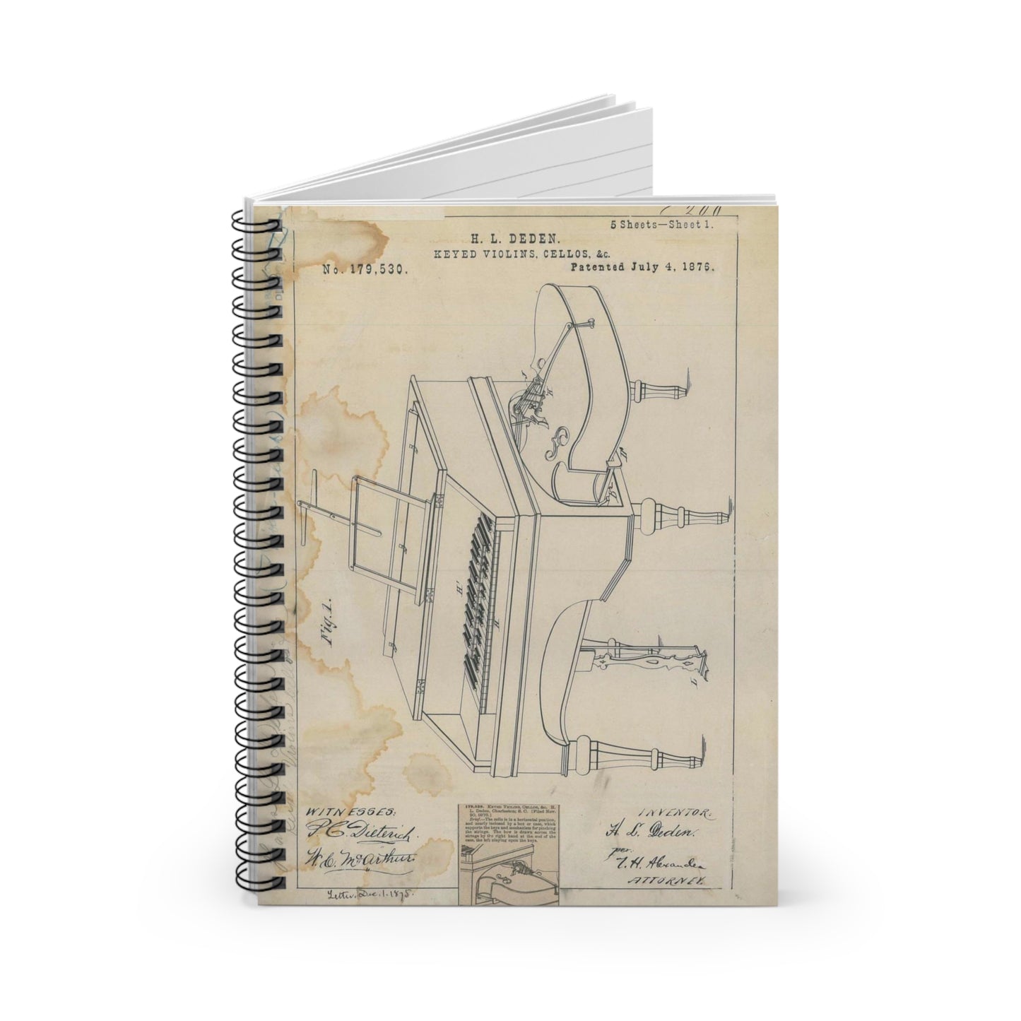 Patent drawing - for H. L. Deden's Keyed Violins, Cellos, Etc. Public domain image Spiral Bound Ruled Notebook with Printed Cover
