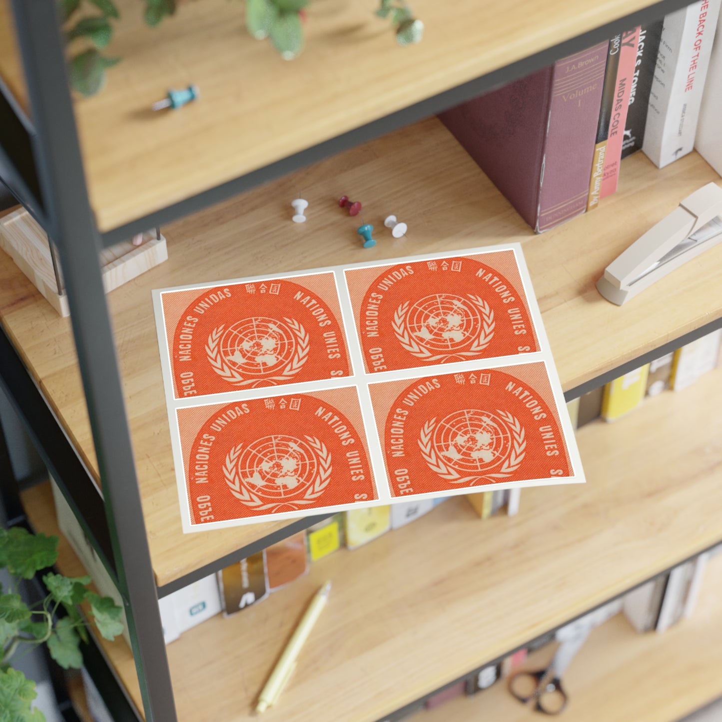 Frimärke ur Gösta Bodmans filatelistiska motivsamling, påbörjad 1950.Frimärke från Nations Unies 1958. Motiv av F. N.- märket. Laminated UV Protective Vinyl Stickers