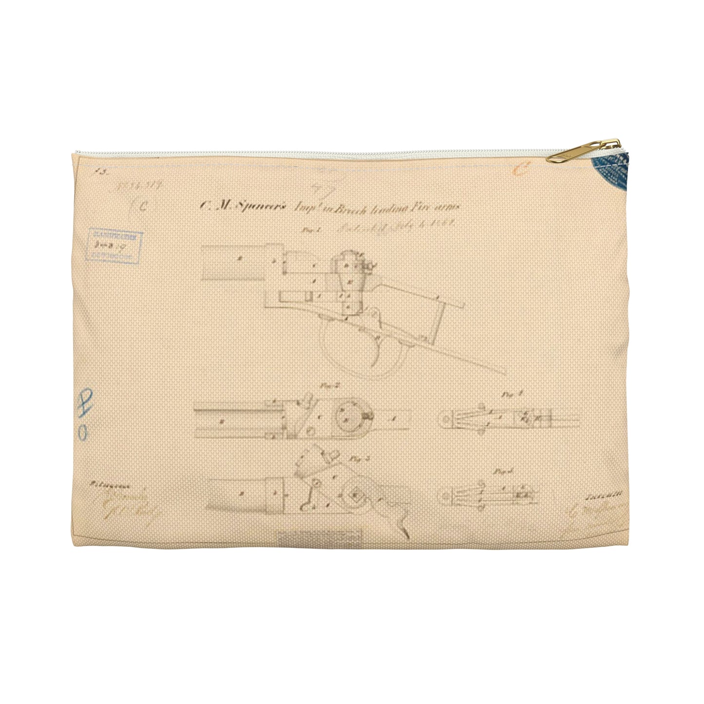 Patent Drawing of Engine - Drawing of Improvements in Breech Loading Fire Arms Public domain image Large Organizer Pouch with Black Zipper