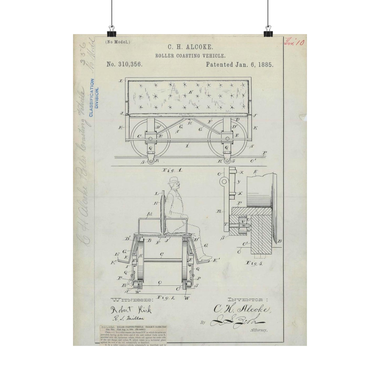 Patent Drawing of Engine - for C. H. Alcoke's Roller Coasting Vehicle Public domain image High Quality Matte Wall Art Poster for Home, Office, Classroom