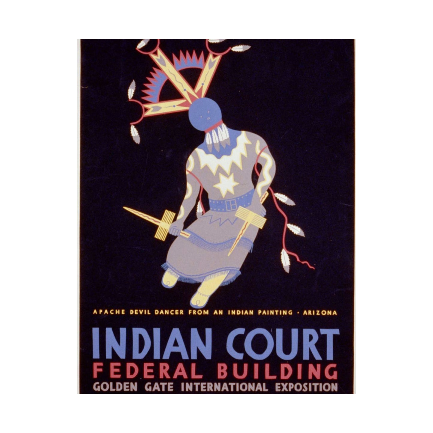 Indian court, Federal Building, Golden Gate International Exposition, San Francisco, 1939 Apache devil dancer from an Indian painting, Arizona / / Siegriest. High Quality Matte Wall Art Poster for Home, Office, Classroom