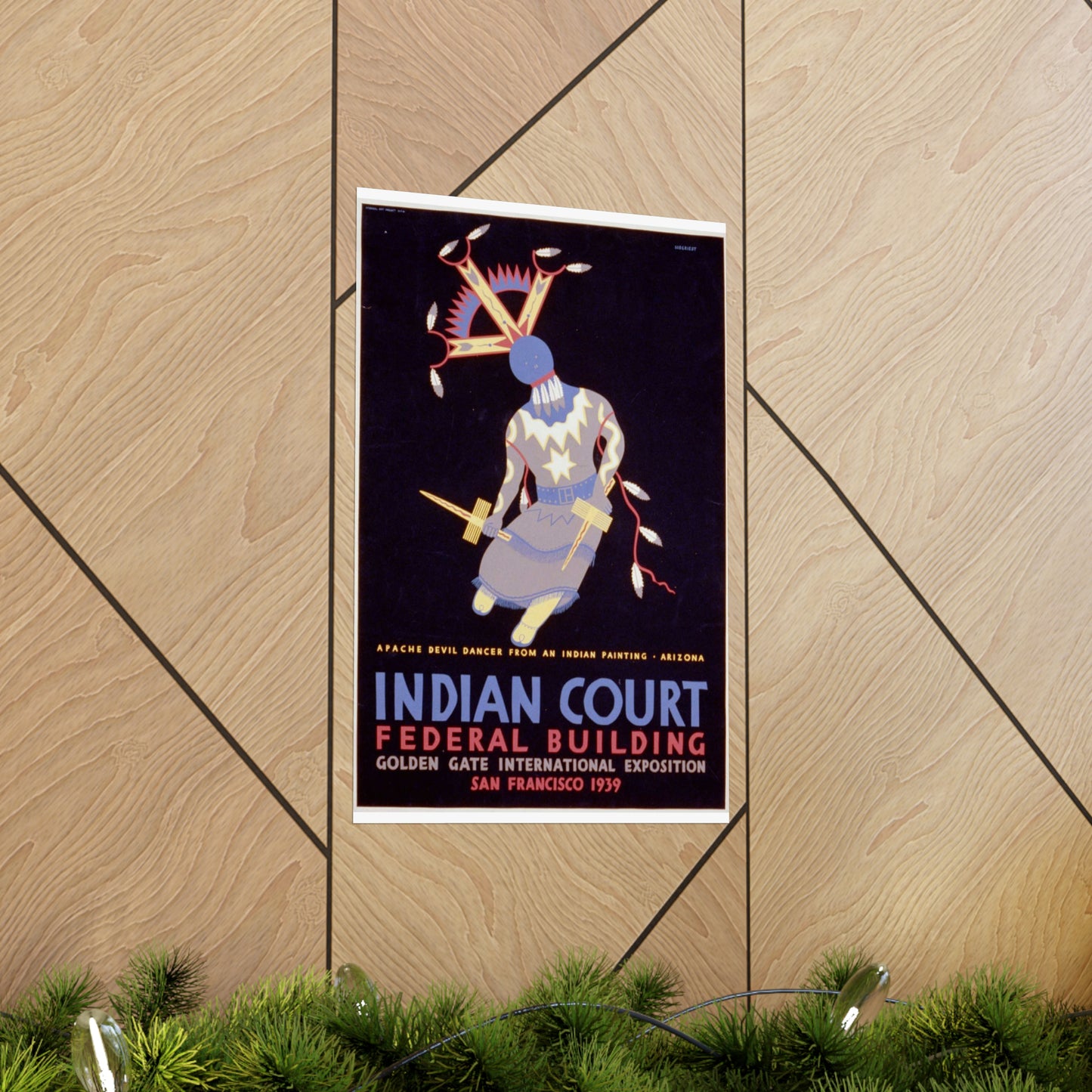Indian court, Federal Building, Golden Gate International Exposition, San Francisco, 1939 Apache devil dancer from an Indian painting, Arizona / / Siegriest. High Quality Matte Wall Art Poster for Home, Office, Classroom