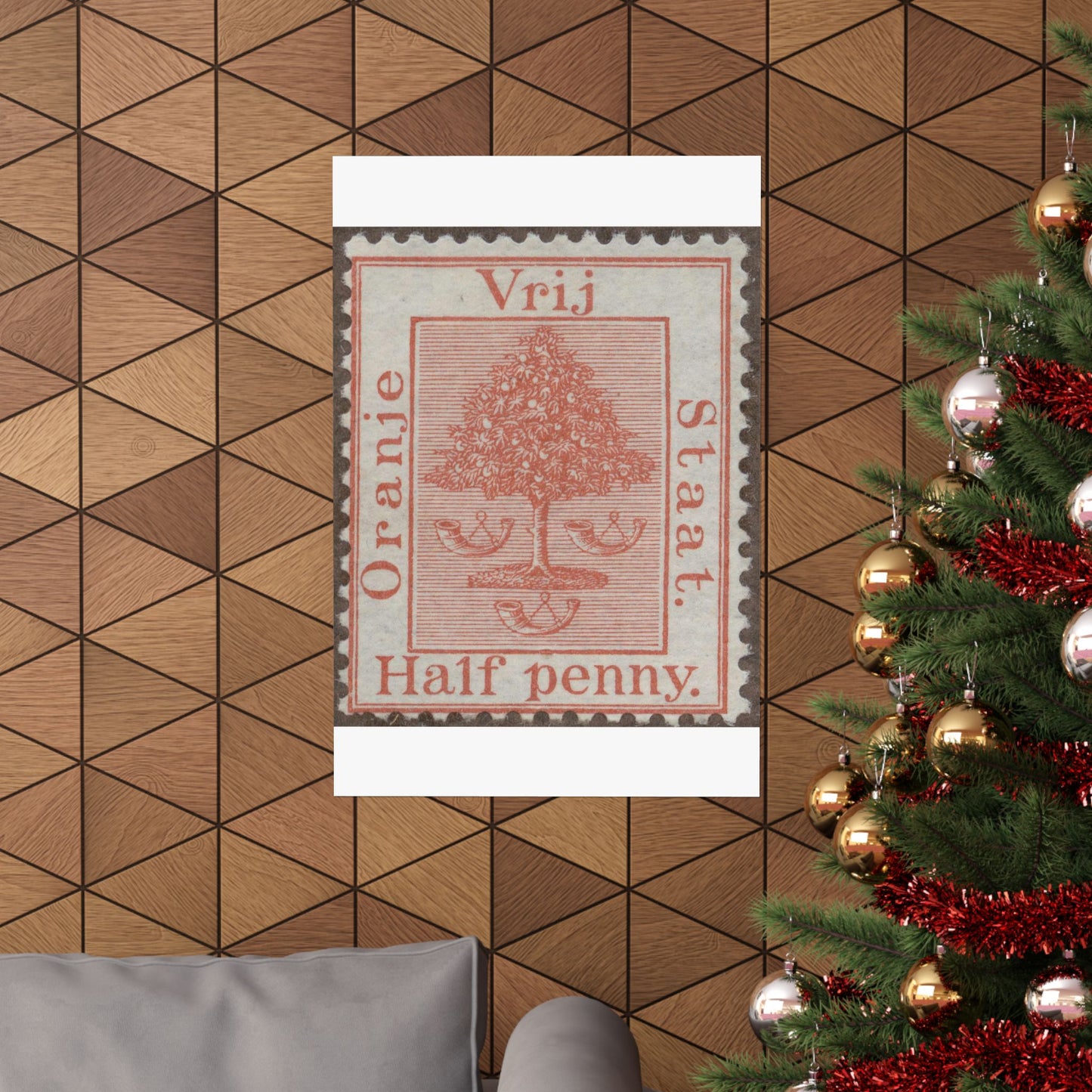 Frimärke ur Gösta Bodmans filatelistiska motivsamling, påbörjad 1950.Frimärke från Oranje -Fristaten. Motiv av apelsinträd med frukter och posthorn. High Quality Matte Wall Art Poster for Home, Office, Classroom