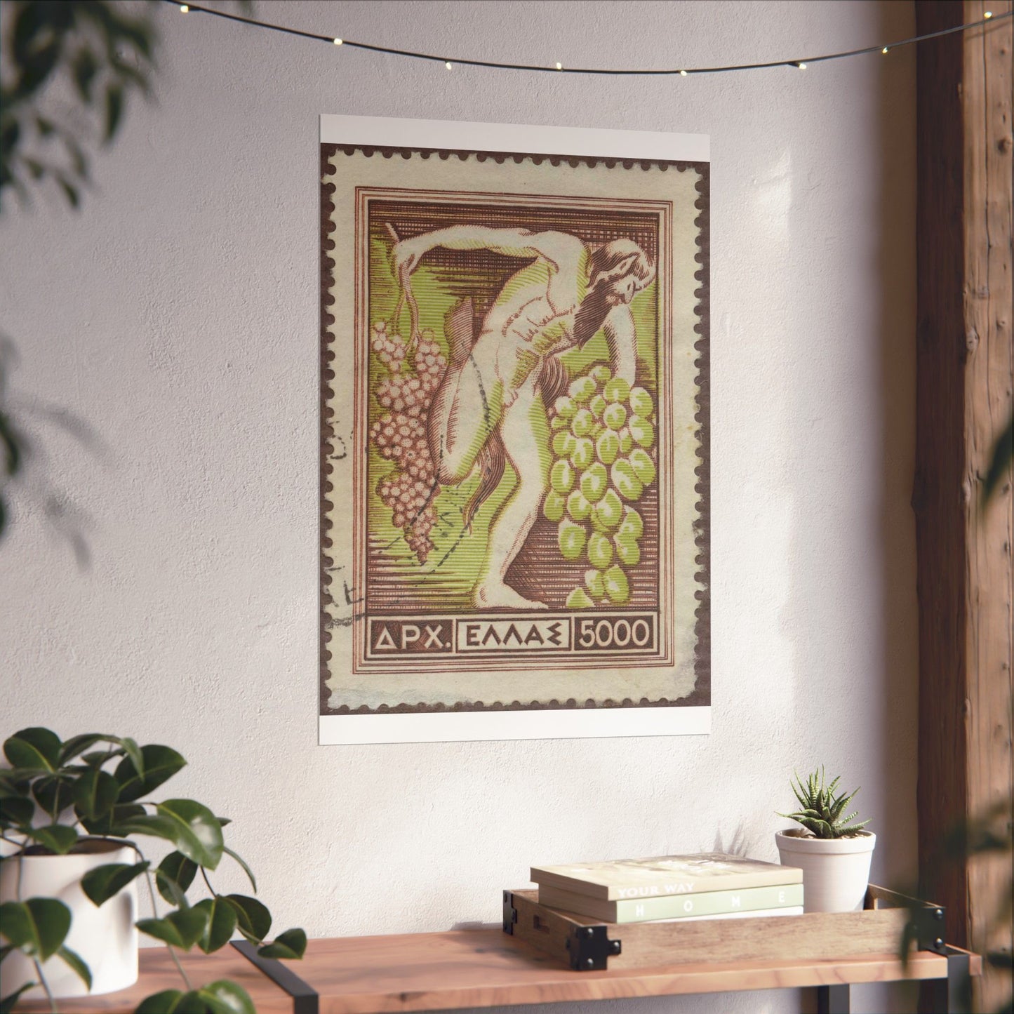 Frimärke ur Gösta Bodmans filatelistiska motivsamling, påbörjad 1950.Frimärke från Grekland, 1953. Motiv av Bacchus med vindruvsklasar. High Quality Matte Wall Art Poster for Home, Office, Classroom