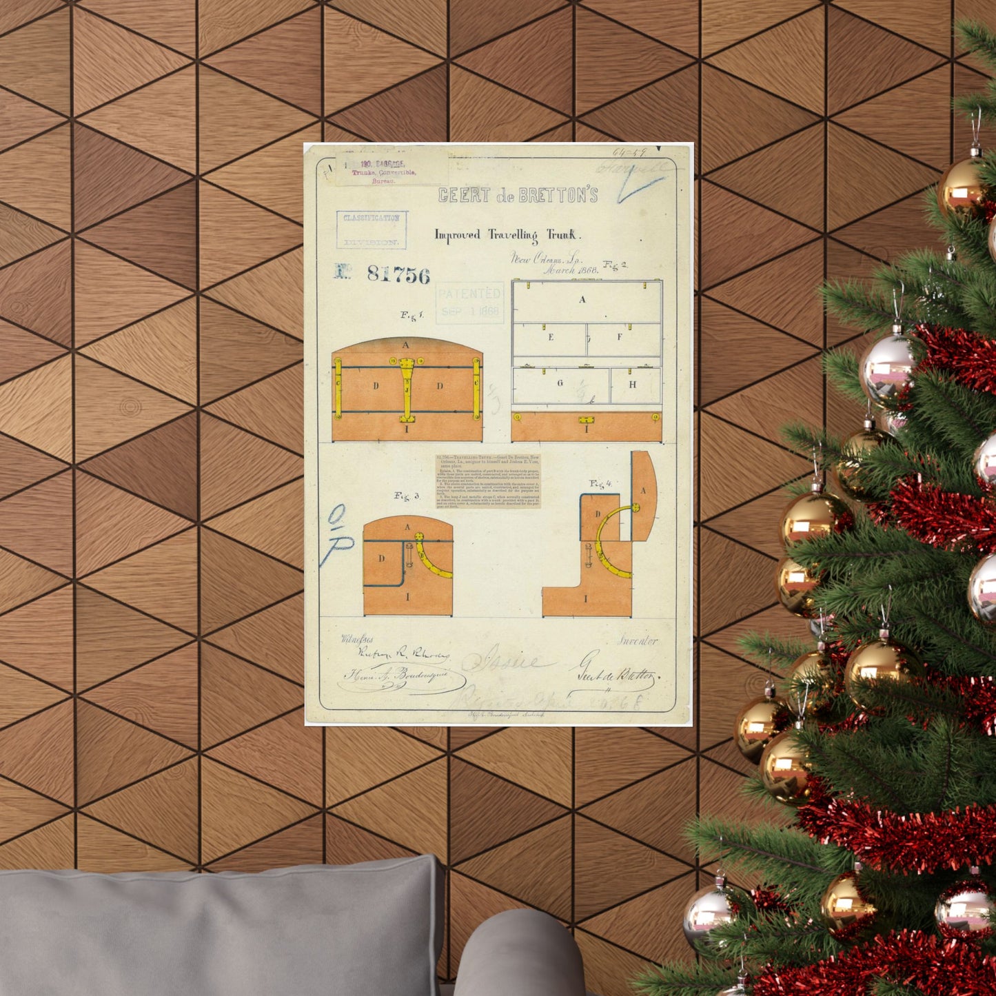 Patent drawing - Drawing of an Improved Traveling Trunk Public domain image High Quality Matte Wall Art Poster for Home, Office, Classroom