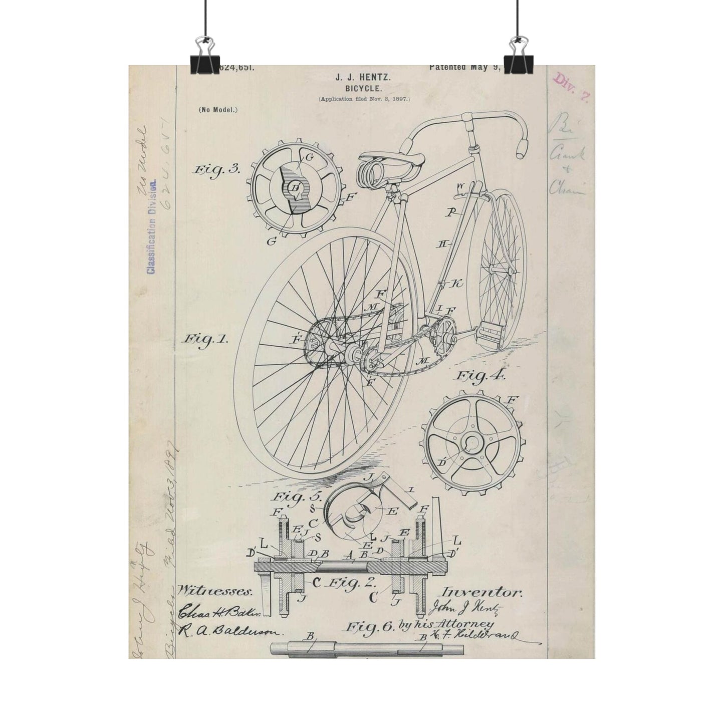 Patent drawing - for J. J. Hentz' Bicycle Public domain image High Quality Matte Wall Art Poster for Home, Office, Classroom
