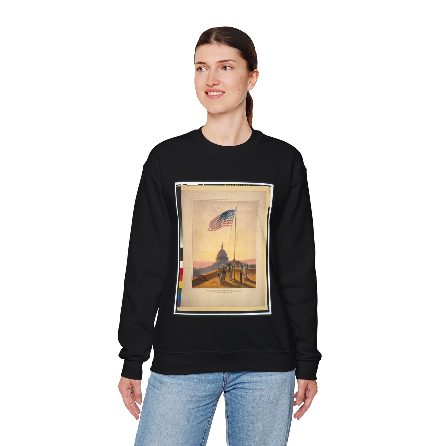 The flag that has waved one hundred years--A scene on the morning of the fourth day of July 1876 / Fabronius ; E.P. & L. Restein's oilchromo, Philadelphia. ; National Chromo Co. pub., Philadelphia. Black Heavy Blend Adult Crew Neck SweatShirt