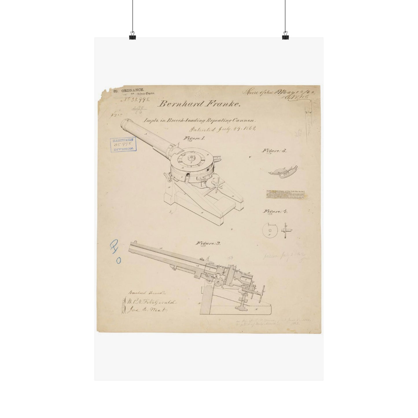Patent drawing - Drawing of Improvements in Breech-Loading Repeating Cannon Public domain image High Quality Matte Wall Art Poster for Home, Office, Classroom