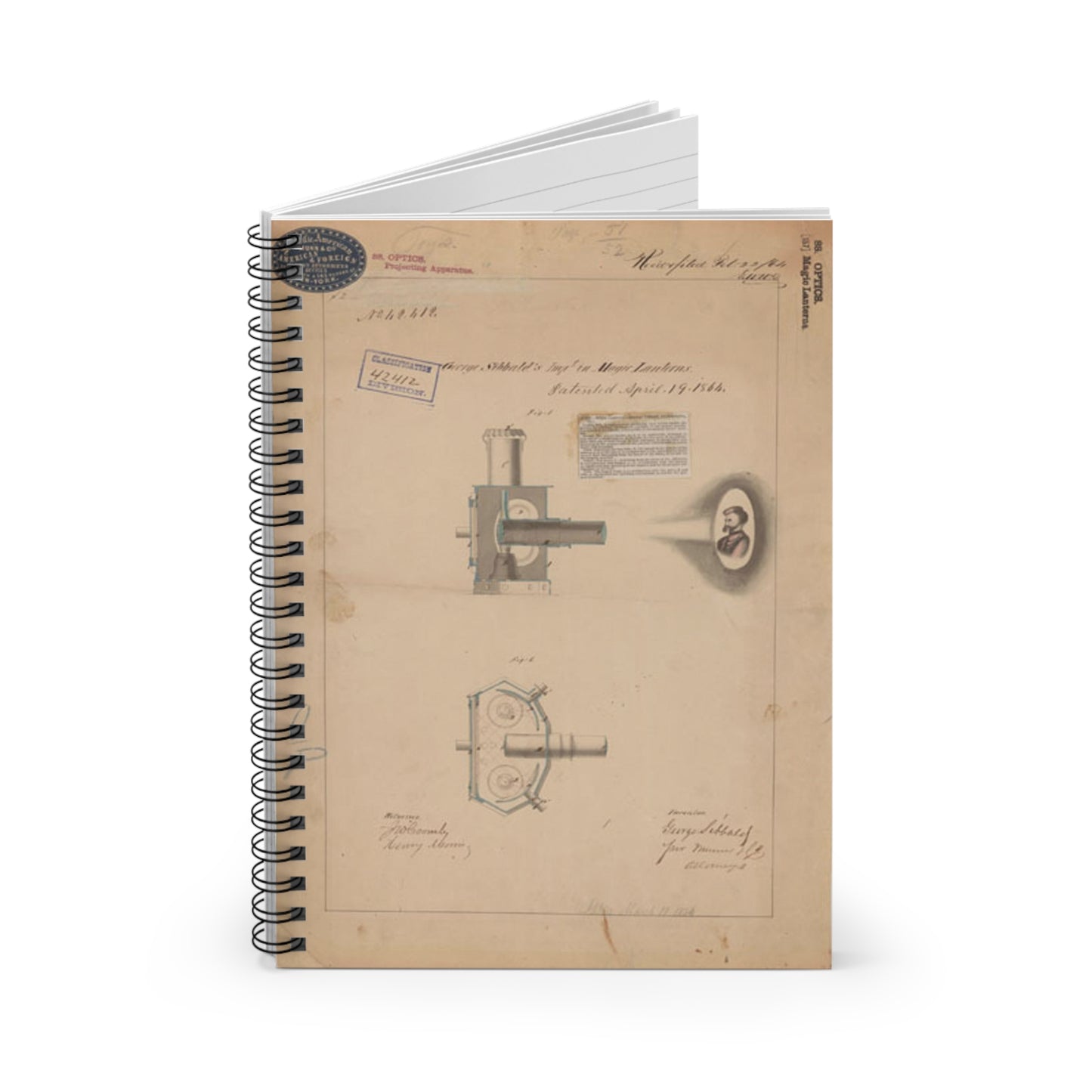Patent drawing - Drawing of Improvement in Magic Lanterns Public domain image Spiral Bound Ruled Notebook with Printed Cover
