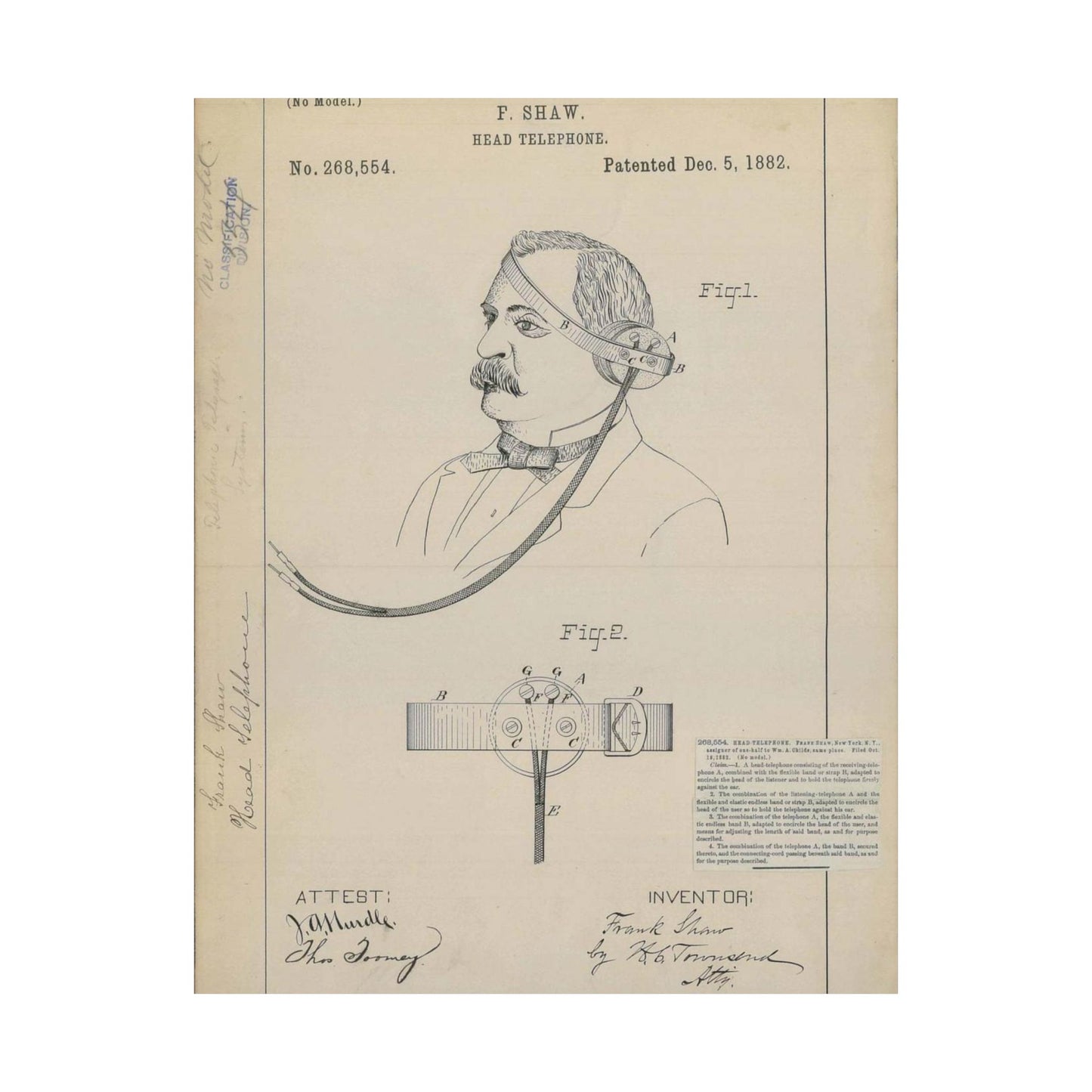 Patent drawing - for F. Shaw's Head Telephone Public domain image High Quality Matte Wall Art Poster for Home, Office, Classroom