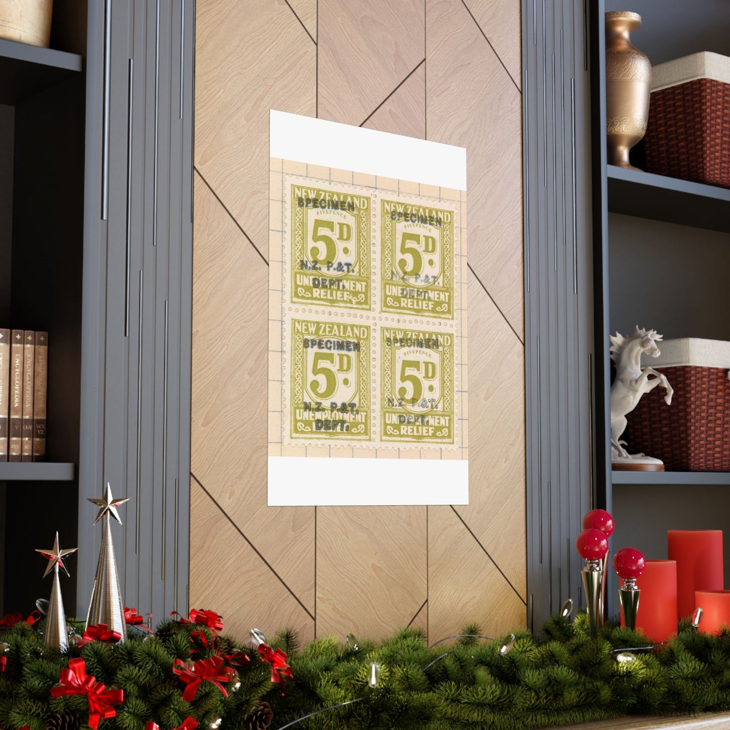 Block of five penny Unemployment Relief stamps overprinted 'Specimen' High Quality Matte Wall Art Poster for Home, Office, Classroom