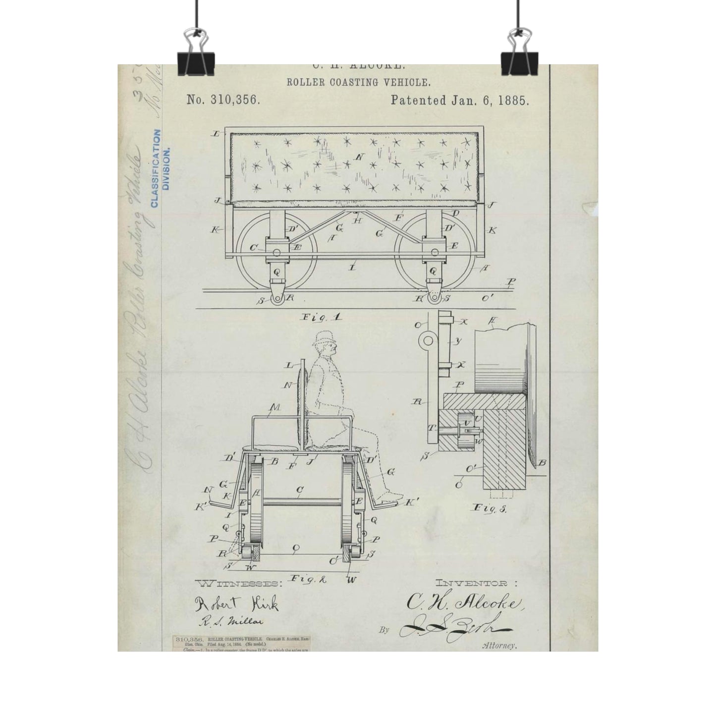 Patent Drawing of Engine - for C. H. Alcoke's Roller Coasting Vehicle Public domain image High Quality Matte Wall Art Poster for Home, Office, Classroom