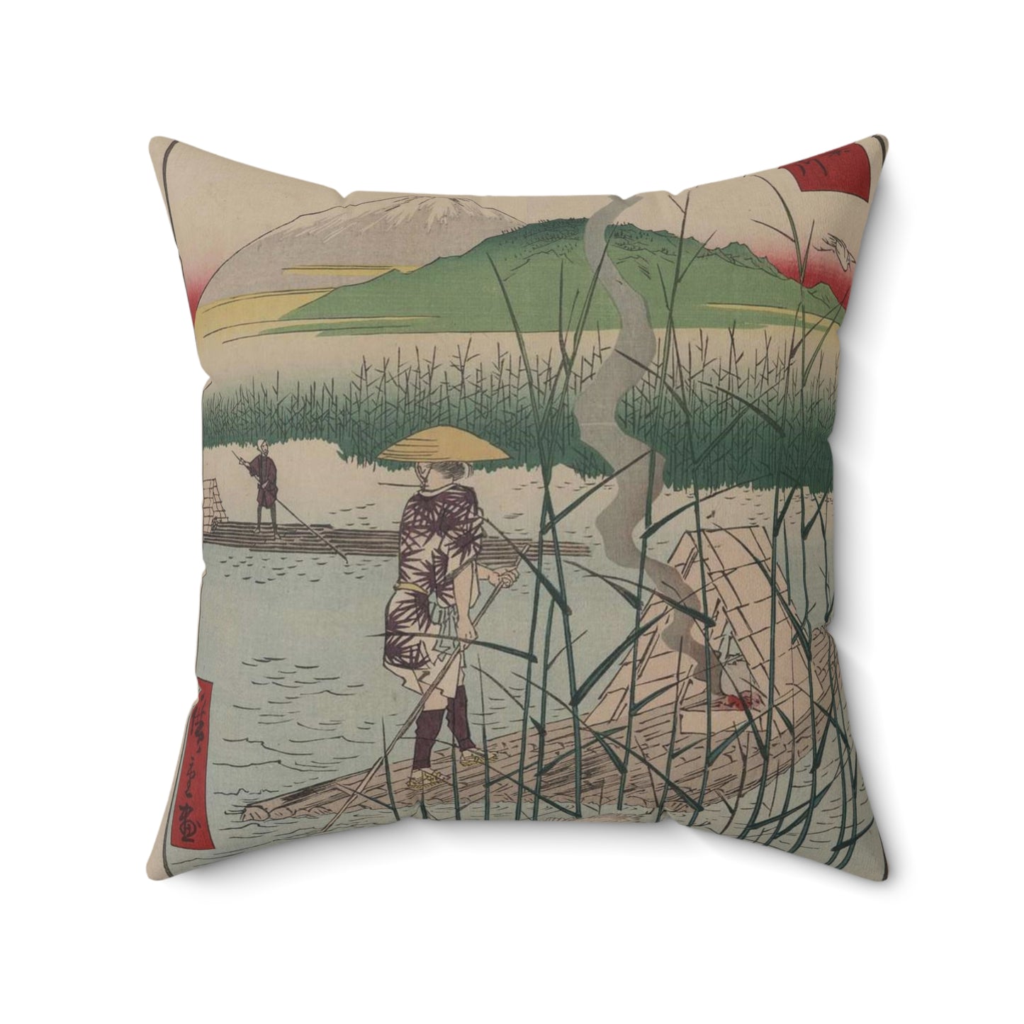 18 - The Sagami River - A painting of a man standing on a boat in a body of water Decorative Accent Square Pillow