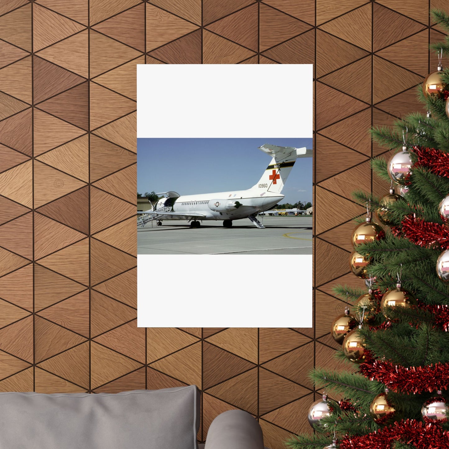 A left rear view of a 375th Aeromedical Airlift Wing a C-9 Nightingale aircraft on the flight line with staircase and loading ramp inposition High Quality Matte Wall Art Poster for Home, Office, Classroom
