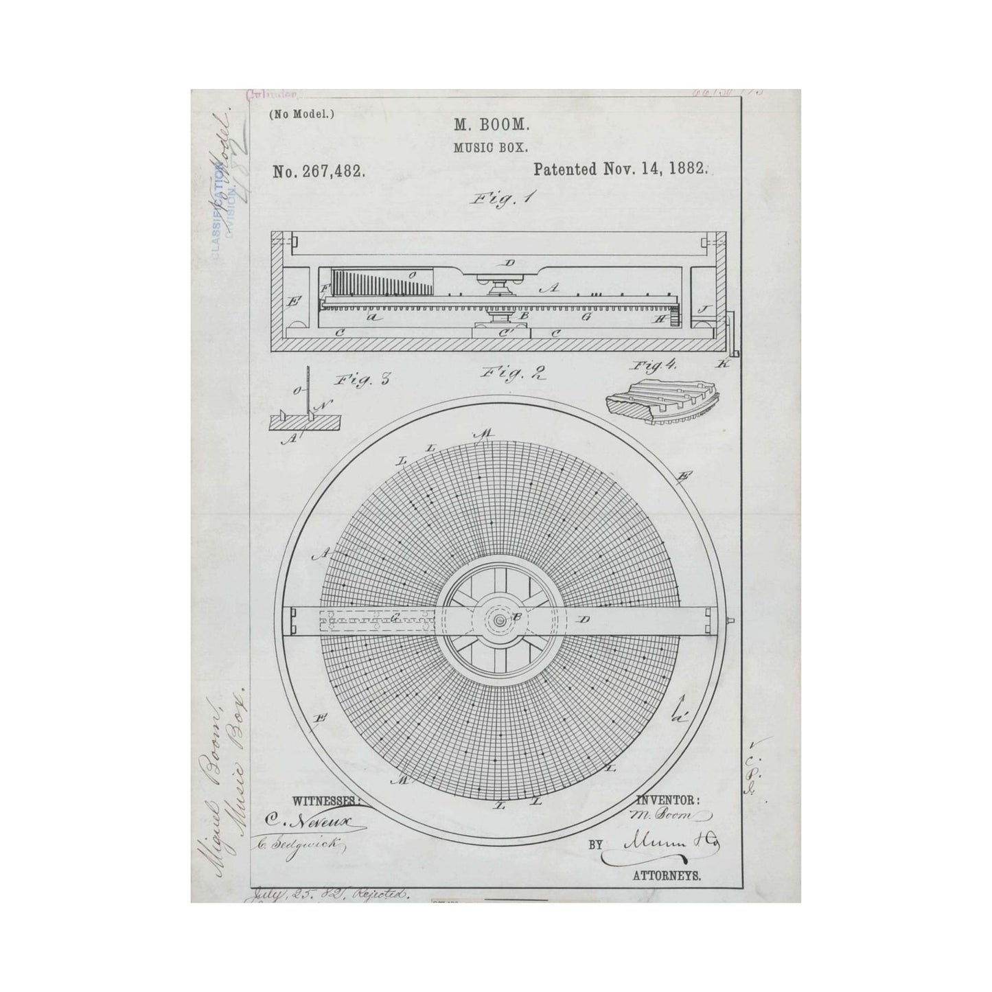 Patent Drawing of Engine - for M. Boom's Music Box Public domain image High Quality Matte Wall Art Poster for Home, Office, Classroom