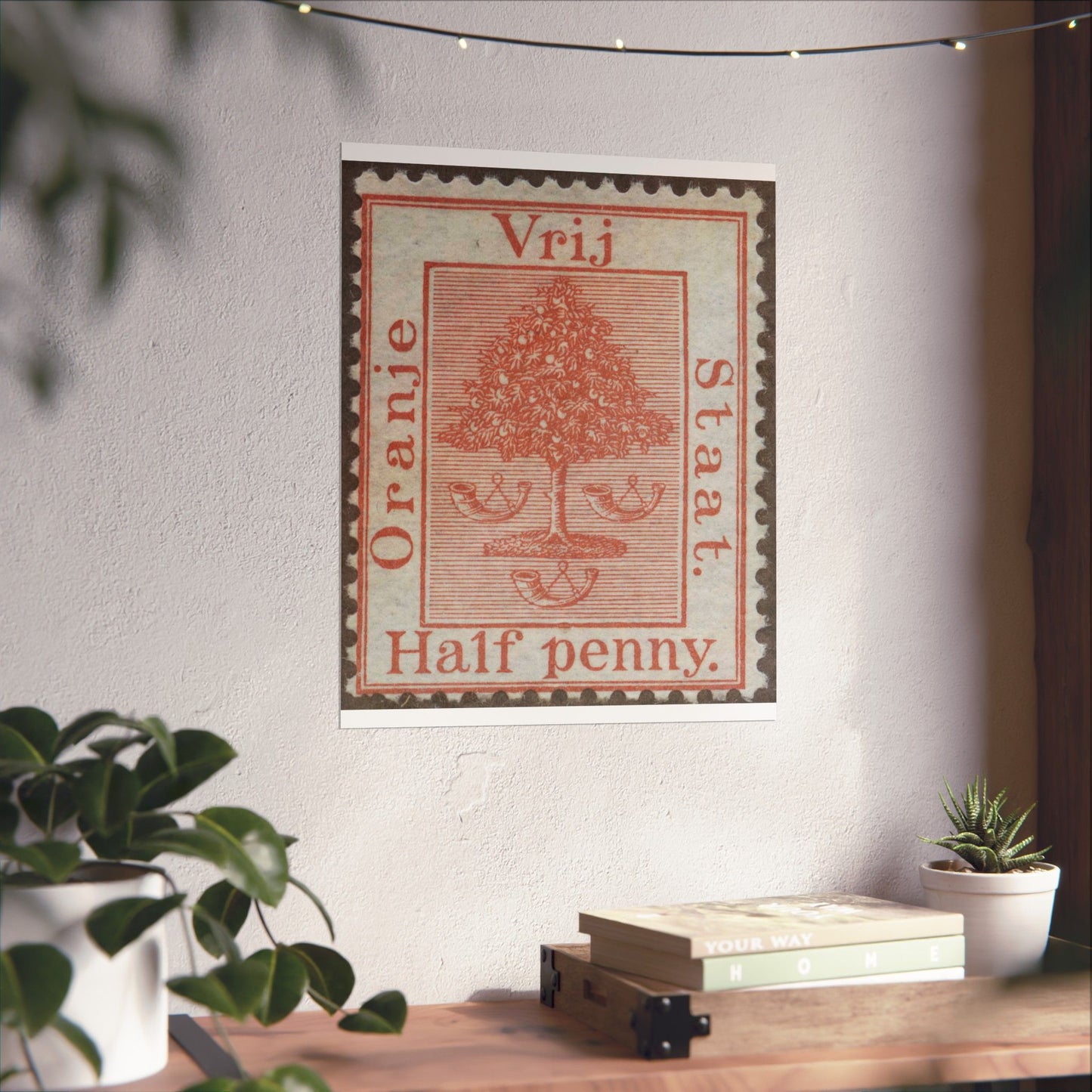 Frimärke ur Gösta Bodmans filatelistiska motivsamling, påbörjad 1950.Frimärke från Oranje -Fristaten. Motiv av apelsinträd med frukter och posthorn. High Quality Matte Wall Art Poster for Home, Office, Classroom