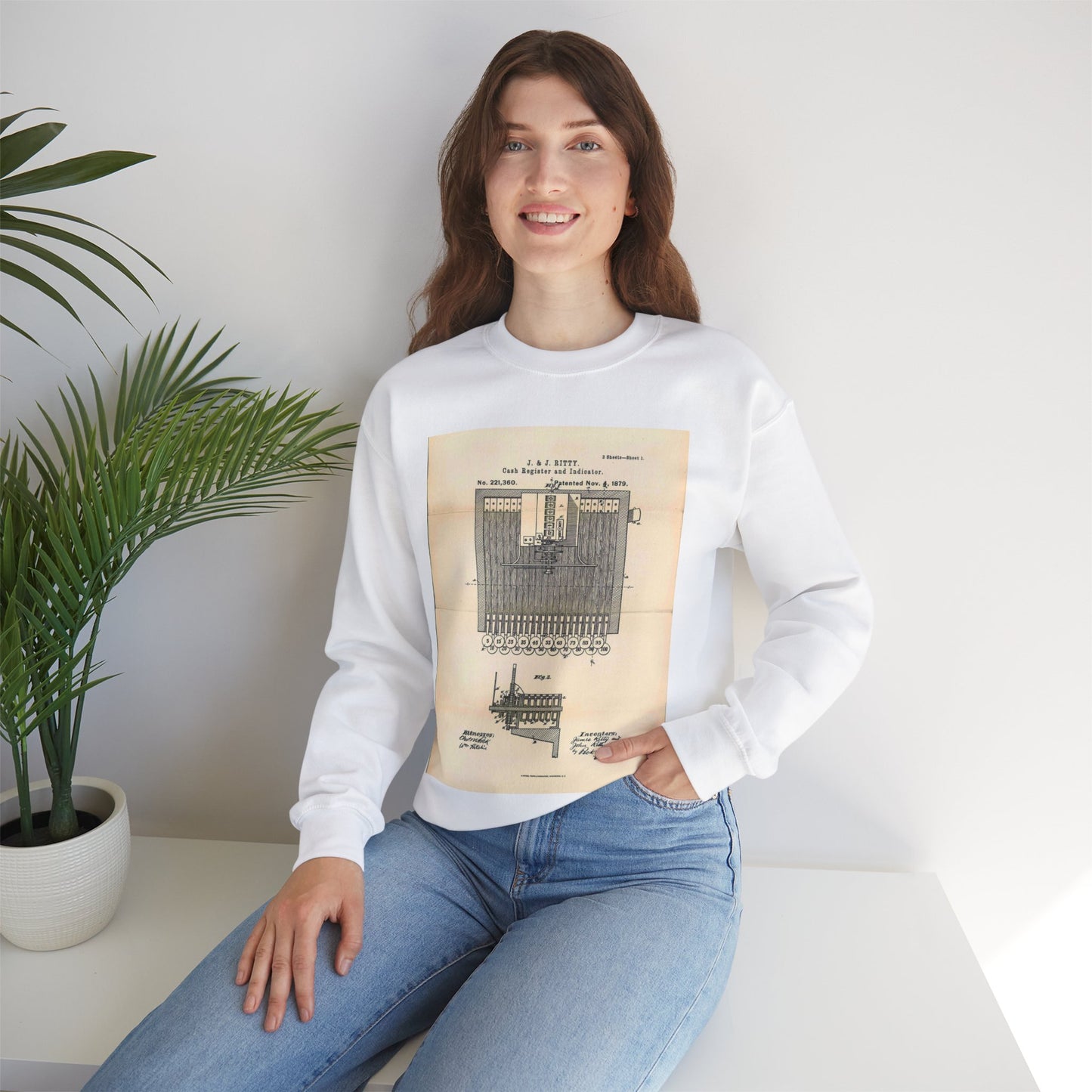 Patent Case File No. 221,360, Improvement in Cash Register and Indicator, Inventors James Ritty and John Ritty - DPLA - 97a8d8a47b402db2ecfd9cac6a3dd8e6 (page 50) White Heavy Blend Adult Crew Neck SweatShirt