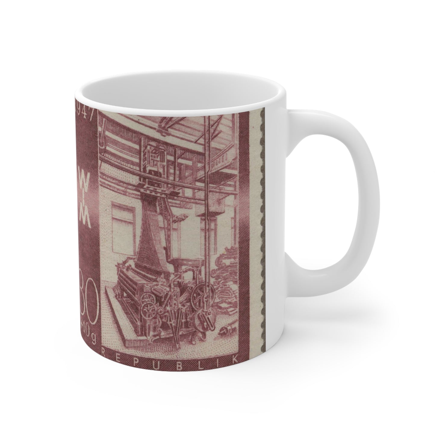 Frimärke ur Gösta Bodmans filatelistiska motivsamling, påbörjad 1950.Frimärke från Österrike, 1947. Motiv av jacquardvävstol i Österrike 1947. "Wienermässan 1947" Beautiful Novelty Ceramic Coffee Mug 11oz
