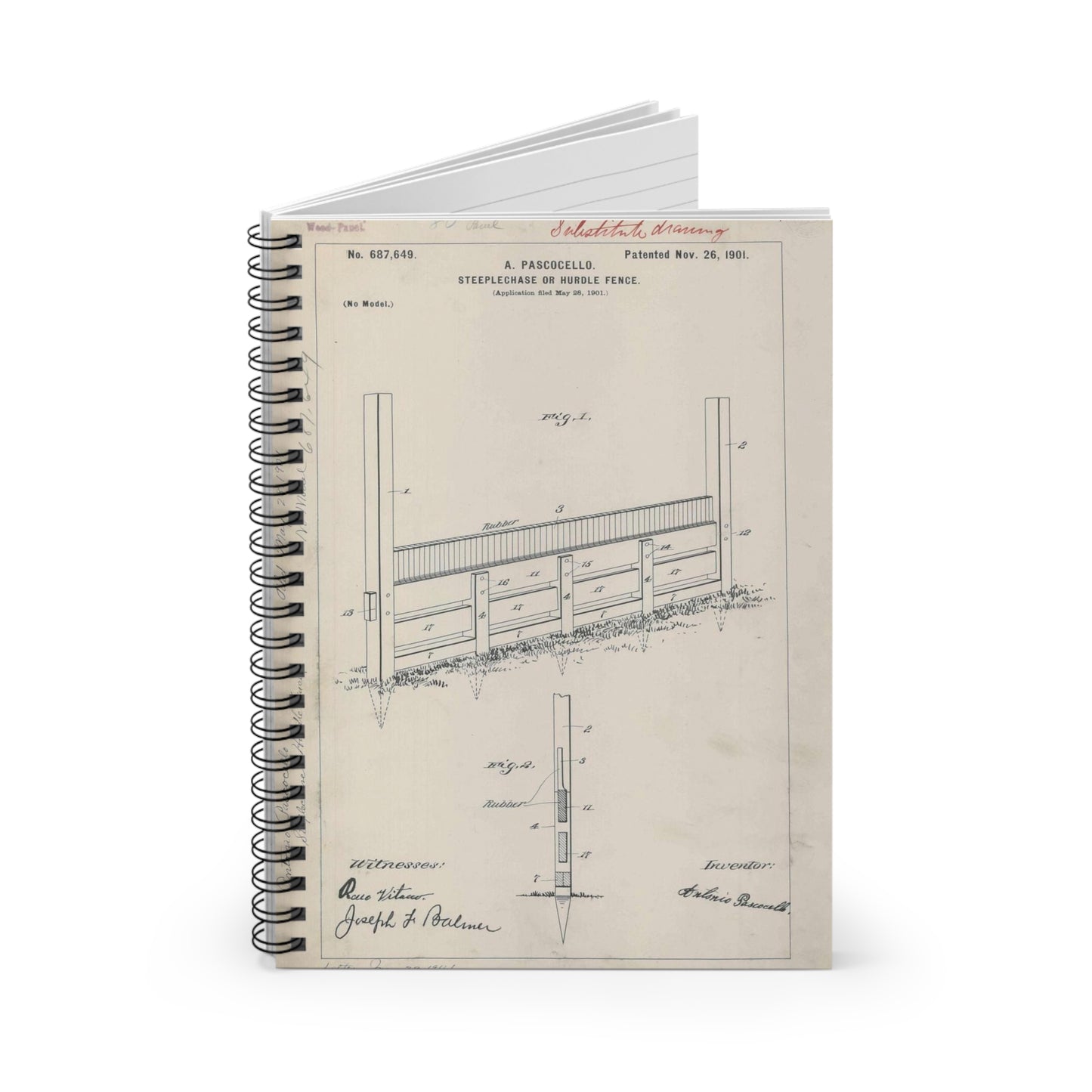 Patent Drawing of Engine - for A. Pascocello' Steeplechase or Hurdle Fence Public domain image Spiral Bound Ruled Notebook with Printed Cover