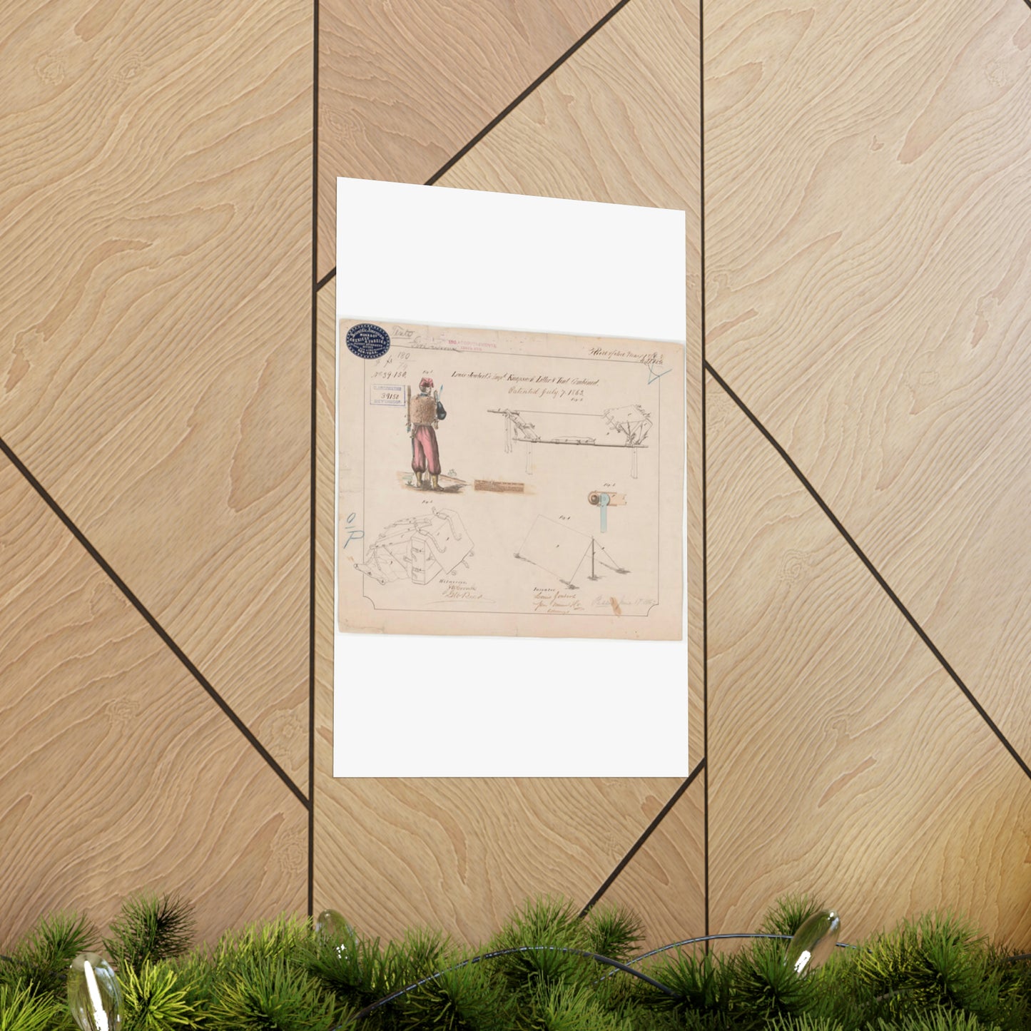 Patent drawing - Drawing of Improved Knapsack, Litter and Tent Combined Public domain image High Quality Matte Wall Art Poster for Home, Office, Classroom