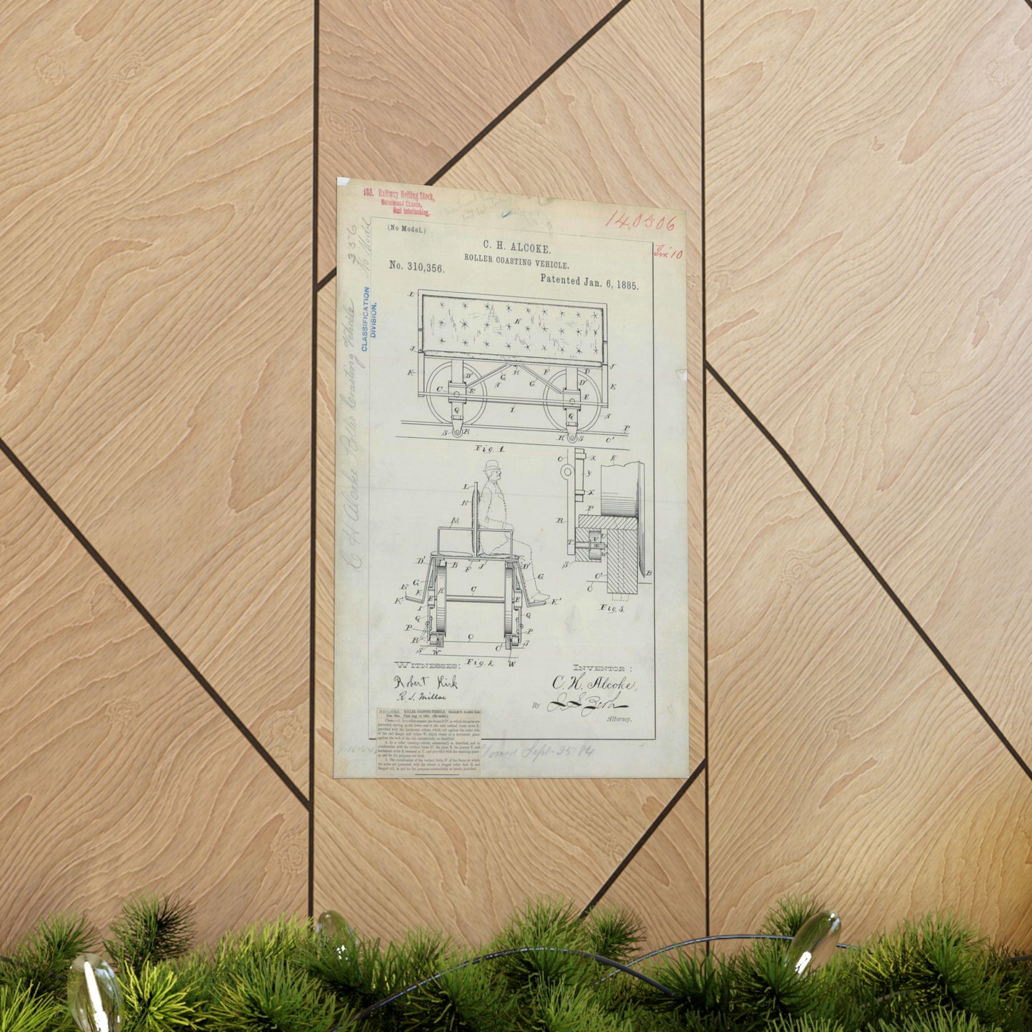 Patent Drawing of Engine - for C. H. Alcoke's Roller Coasting Vehicle Public domain image High Quality Matte Wall Art Poster for Home, Office, Classroom