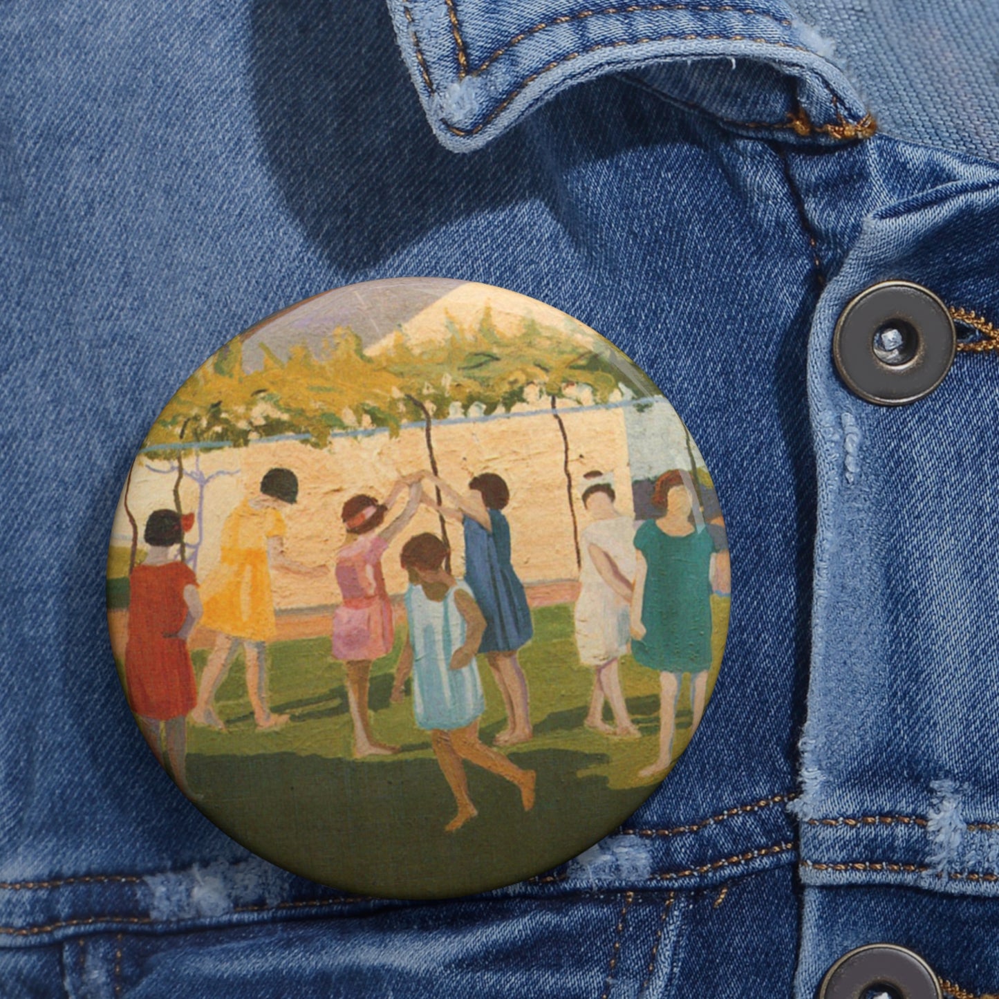 Petrona Viera - A painting of a group of children playing with a kite Pin Buttons with Crisp Design