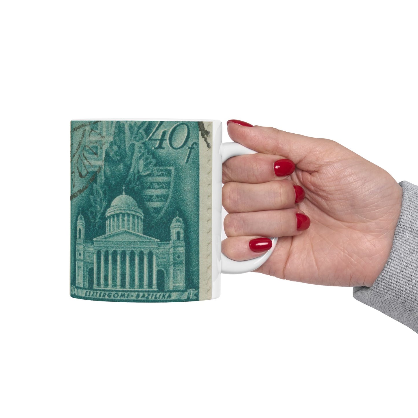 Frimärke ur Gösta Bodmans filatelistiska motivsamling, påbörjad 1950.Frimärke från Ungern, 1939. Motiv av Basilikan i Eszergom. Beautiful Novelty Ceramic Coffee Mug 11oz