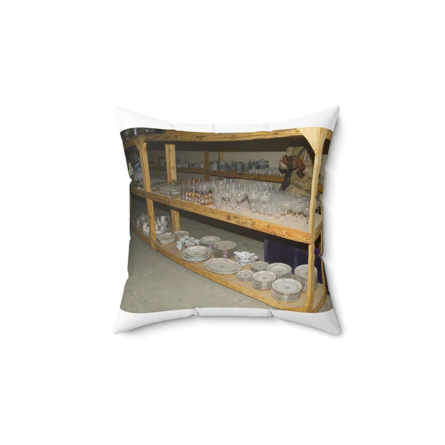 Various sets of crystal and chinaware found in the basement, in one of Saddam Hussein's palaces in Baghdad during Operation IRAQI FREEDOM Decorative Accent Square Pillow