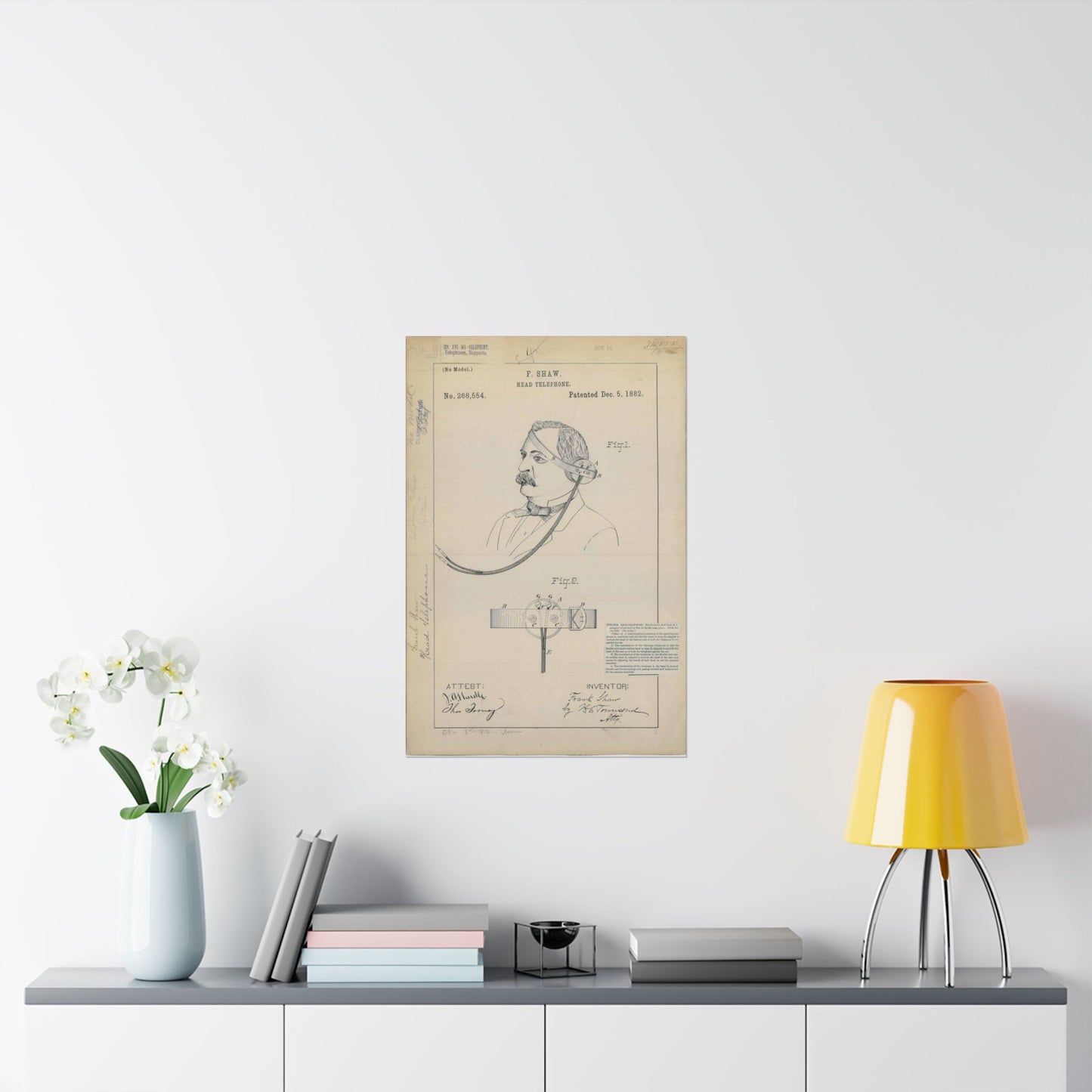 Patent drawing - for F. Shaw's Head Telephone Public domain image High Quality Matte Wall Art Poster for Home, Office, Classroom