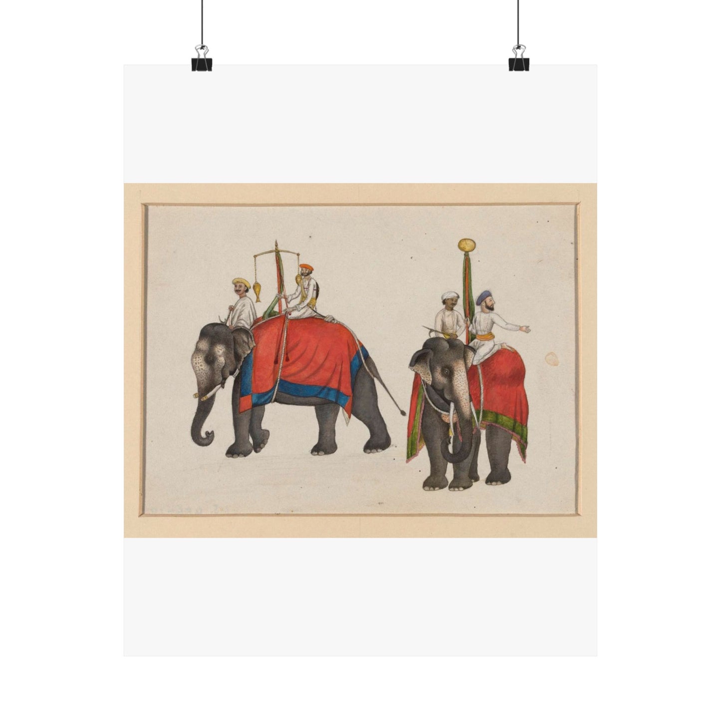 Two elephants carrying the fish and sun insignia of Mughal sovereignty High Quality Matte Wall Art Poster for Home, Office, Classroom