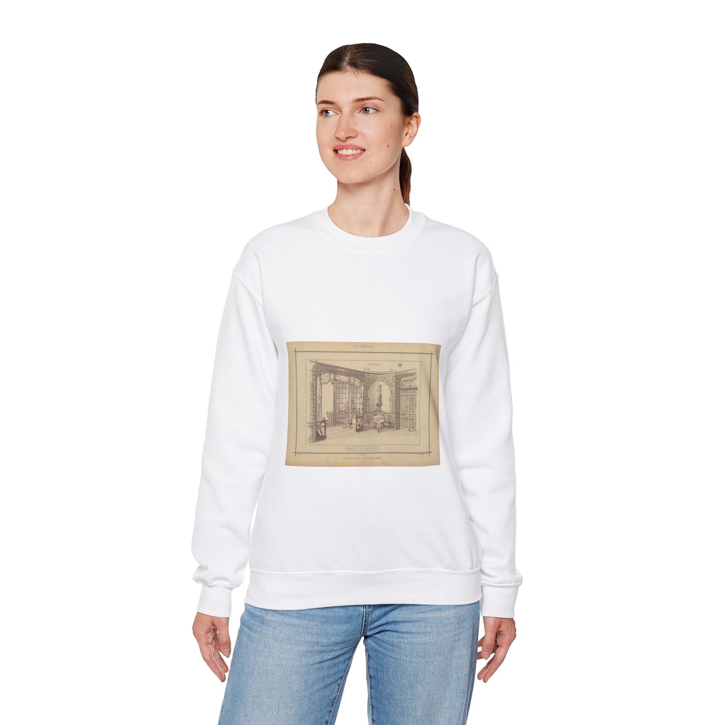 Vestibule : décor de baie en bois découpé sur treillage doré. Lambris, meubles et porte en bois de frêne verni. Etoffe des sièges et de la baie en soie brochée. White Heavy Blend Adult Crew Neck SweatShirt