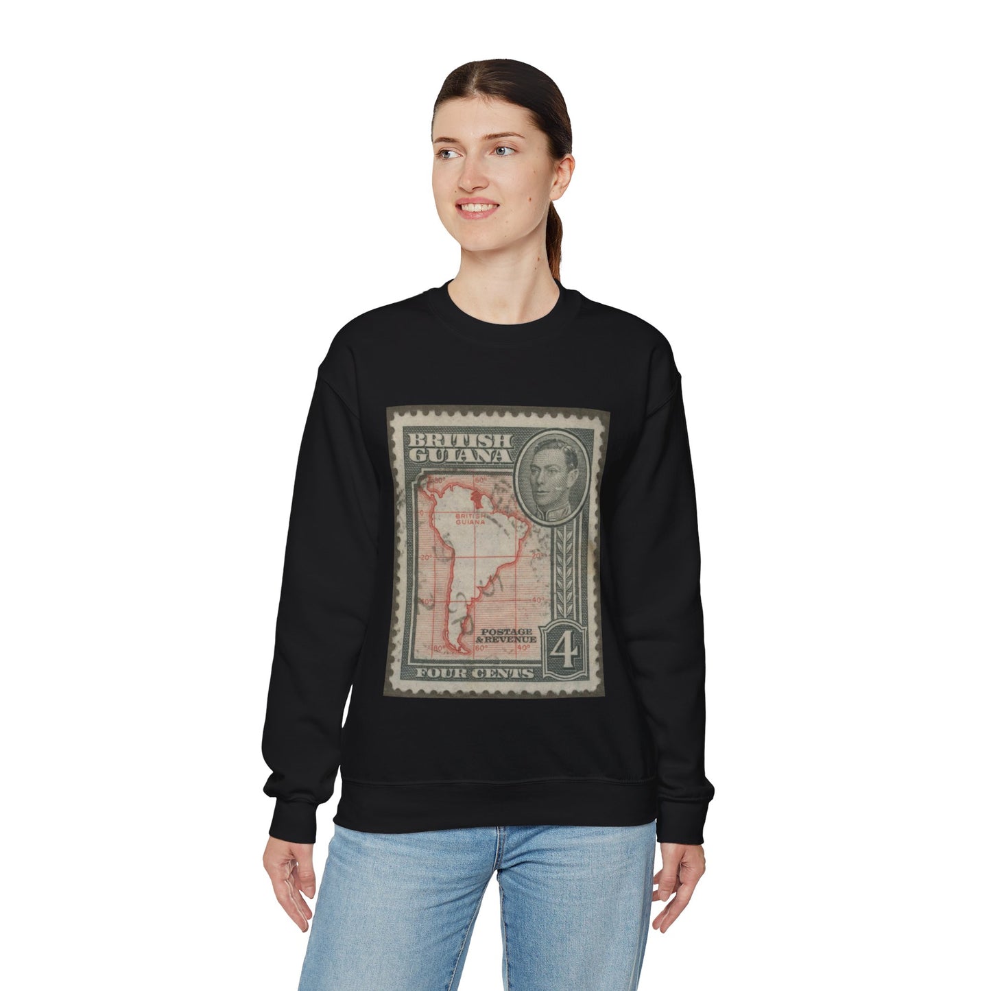 Frimärke ur Gösta Bodmans filatelistiska motivsamling, påbörjad 1950.Frimärke från Brittiska Guiana, 1938. Motiv av Sydamerikas karta med Brittiska Guiana. Black Heavy Blend Adult Crew Neck SweatShirt