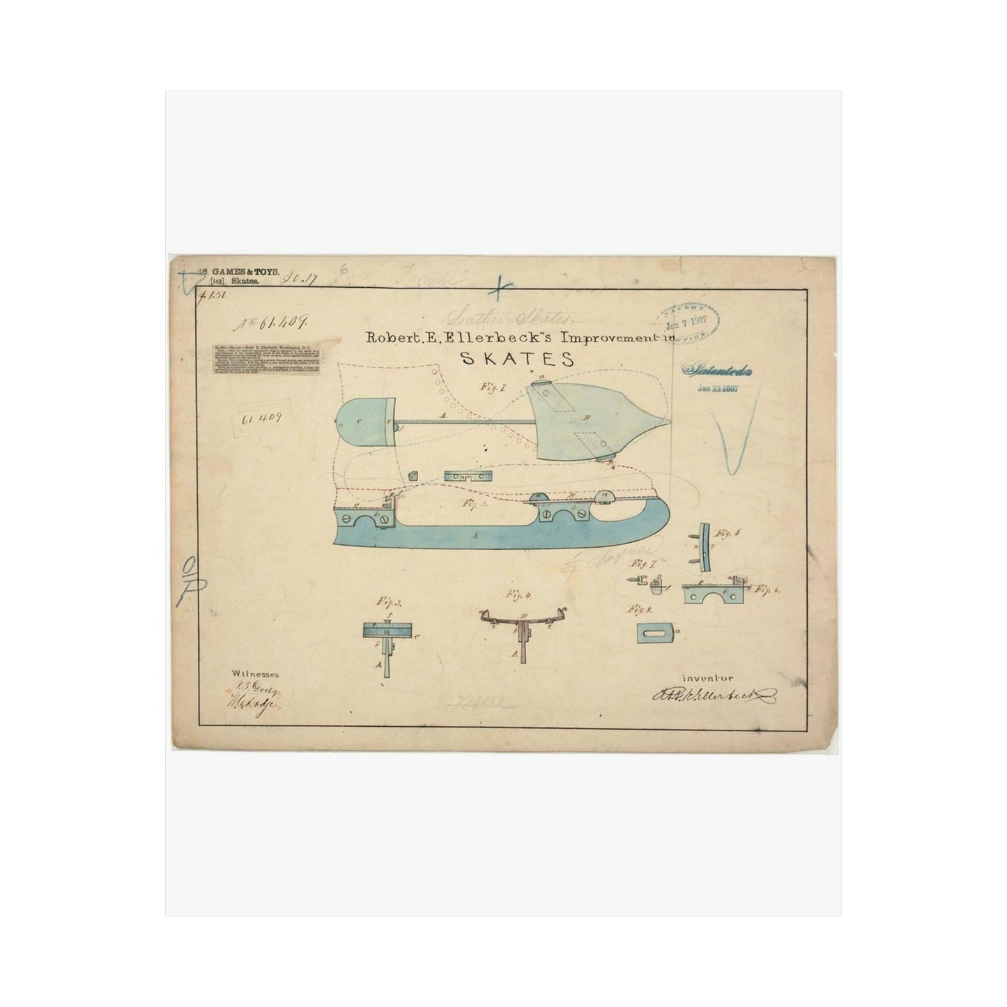 Patent drawing - Drawing of Improvement in Skates Public domain image High Quality Matte Wall Art Poster for Home, Office, Classroom