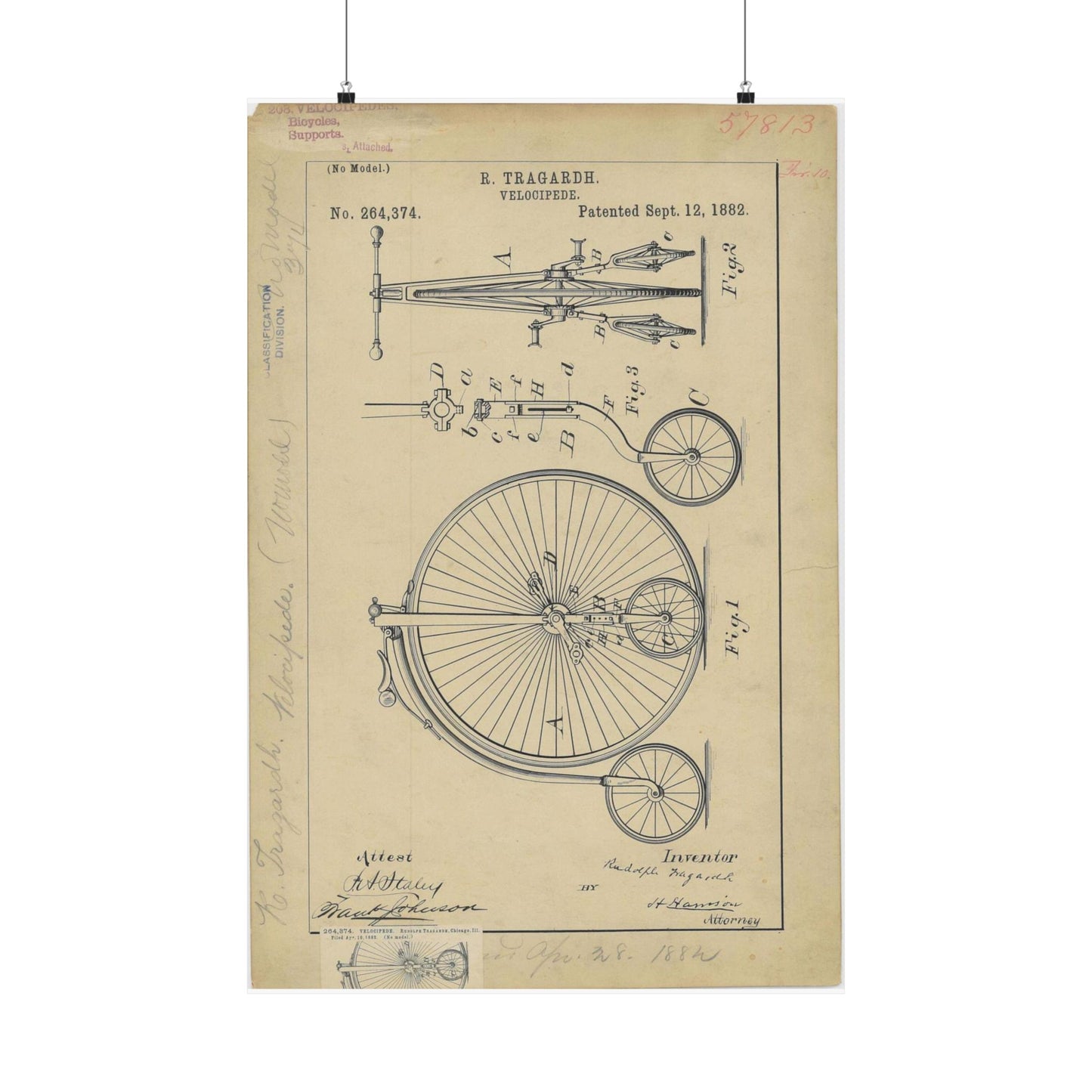 Patent drawing - Drawing of a Velocipede Public domain image High Quality Matte Wall Art Poster for Home, Office, Classroom