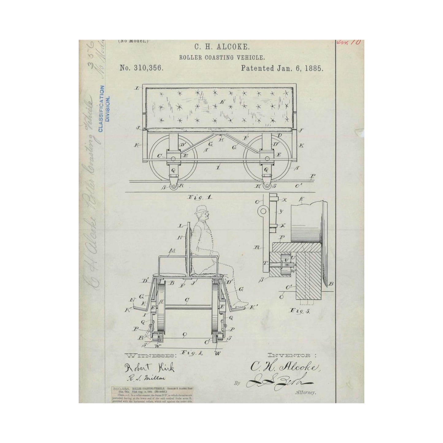 Patent Drawing of Engine - for C. H. Alcoke's Roller Coasting Vehicle Public domain image High Quality Matte Wall Art Poster for Home, Office, Classroom