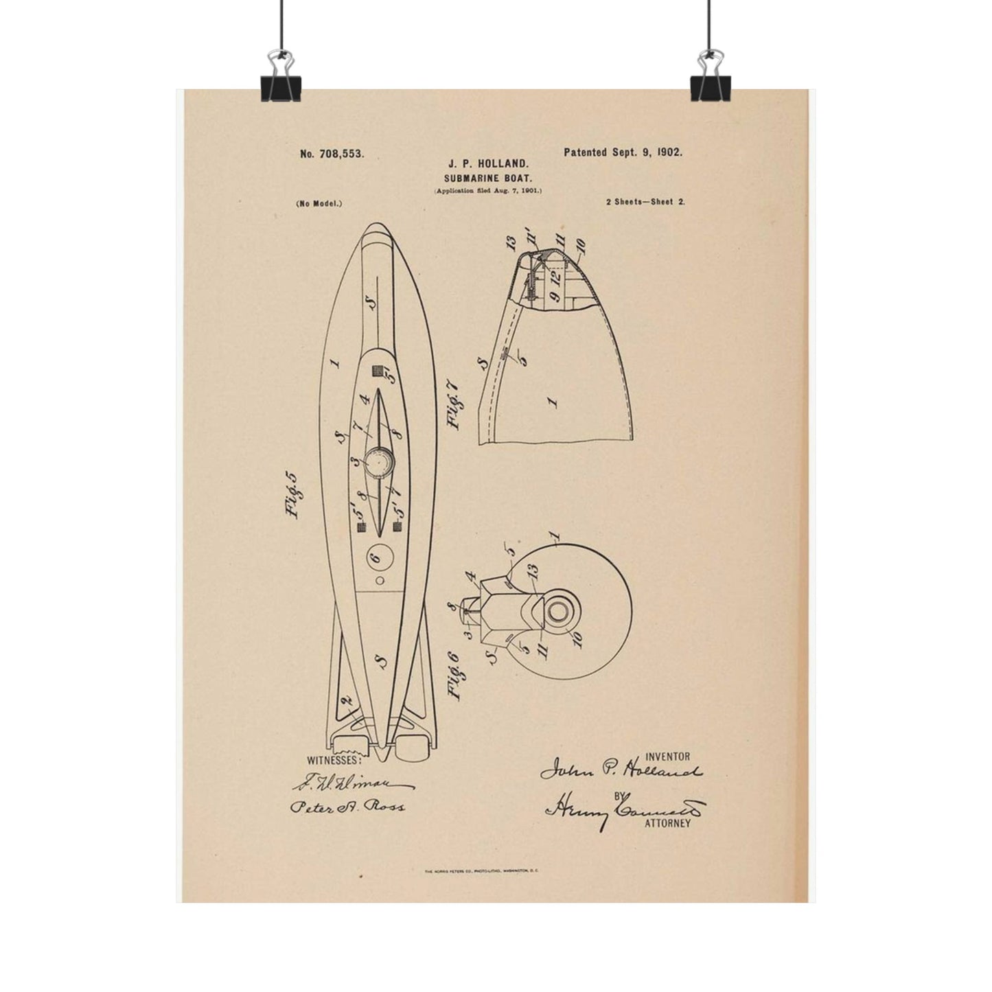 Patent drawing - Drawing for a Submarine Boat Public domain image High Quality Matte Wall Art Poster for Home, Office, Classroom