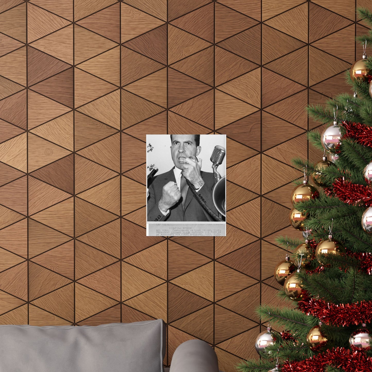 Richard Nixon clinches his fist as he addresses his first audience in Long Island, New York High Quality Matte Wall Art Poster for Home, Office, Classroom
