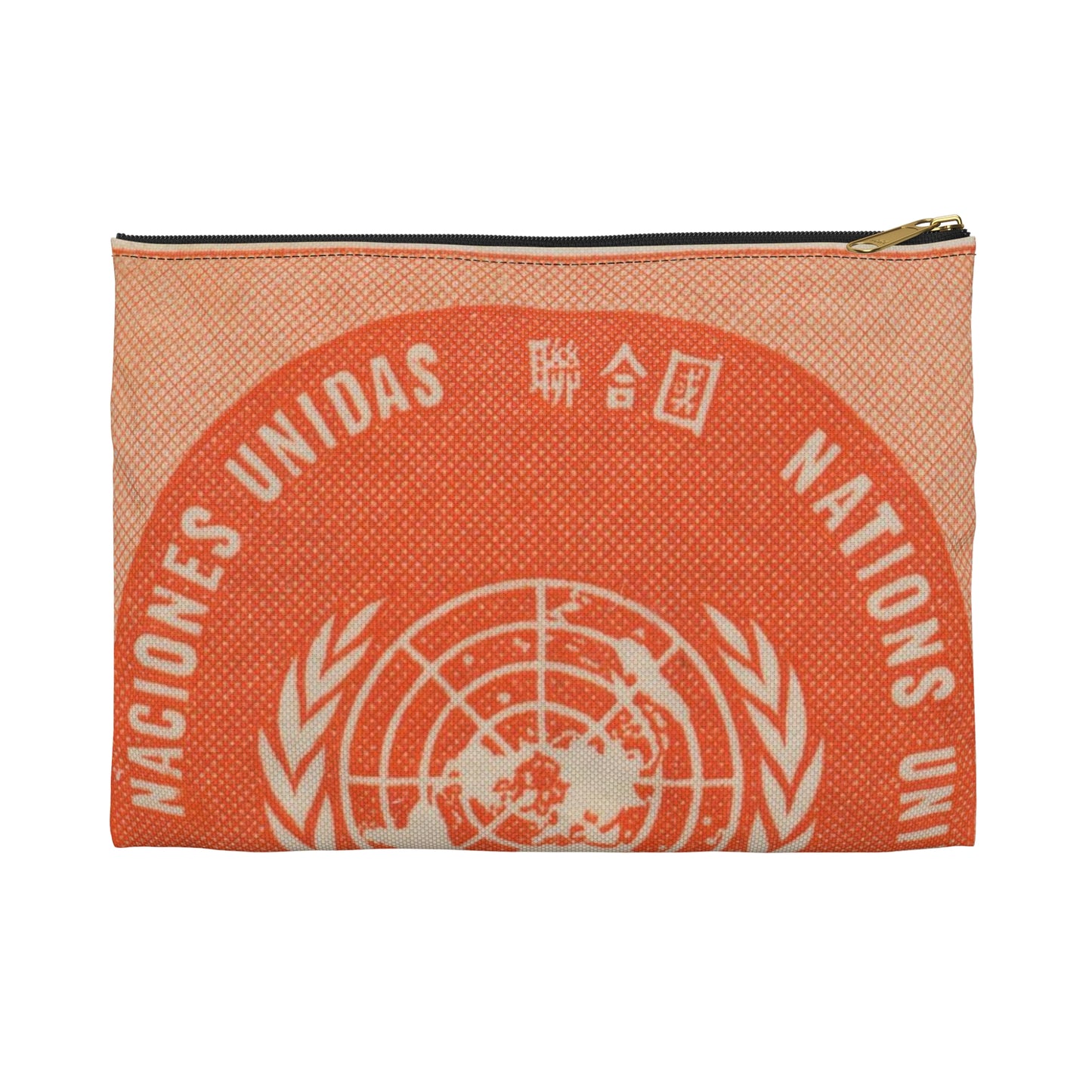Frimärke ur Gösta Bodmans filatelistiska motivsamling, påbörjad 1950.Frimärke från Nations Unies 1958. Motiv av F. N.- märket. Large Organizer Pouch with Black Zipper