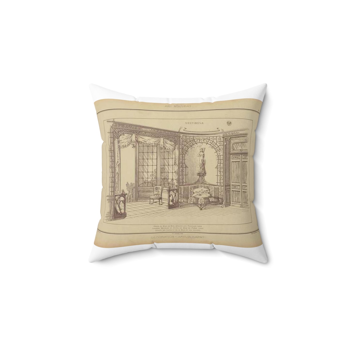 Vestibule : décor de baie en bois découpé sur treillage doré. Lambris, meubles et porte en bois de frêne verni. Etoffe des sièges et de la baie en soie brochée. Decorative Accent Square Pillow