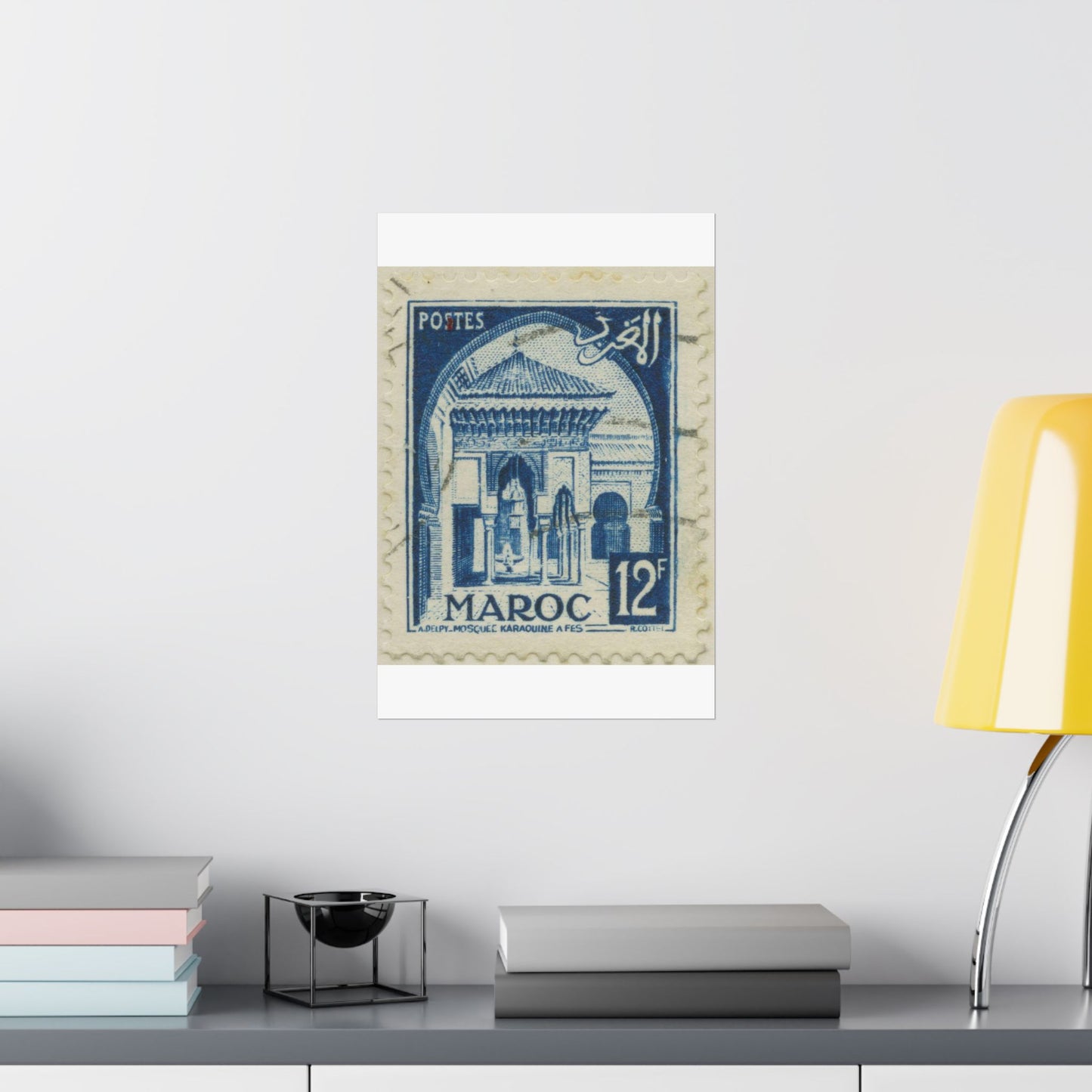 Frimärke ur Gösta Bodmans filatelistiska motivsamling, påbörjad 1950.Frimärke från Franska Marocko, 1951. Motiv av moskéen Karaouin. High Quality Matte Wall Art Poster for Home, Office, Classroom