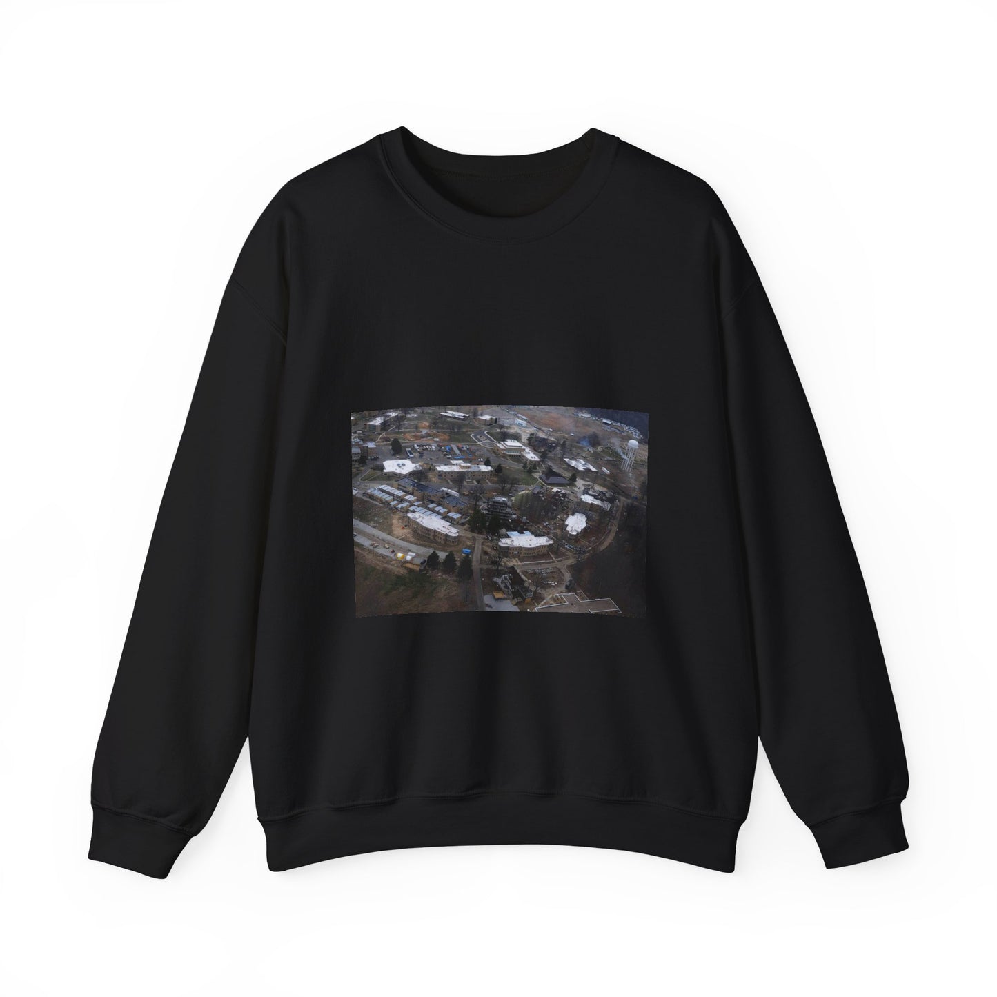 An aerial view of the Muscatatuck Urban Training Center Black Heavy Blend Adult Crew Neck SweatShirt